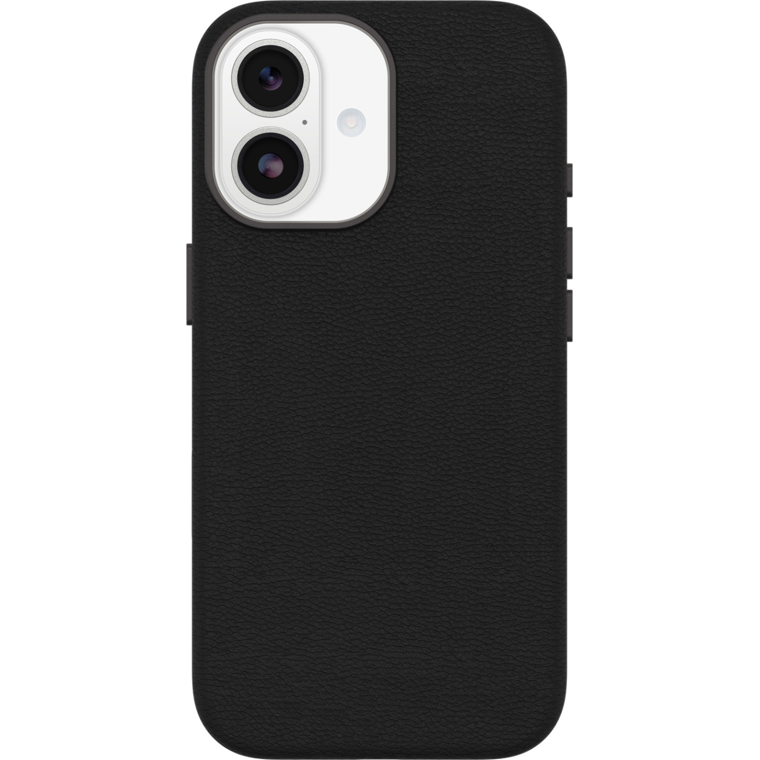 Una funda negra para teléfono con textura de cuero. Tiene un módulo de cámara con dos lentes y un flash. La funda tiene esquinas redondeadas.
