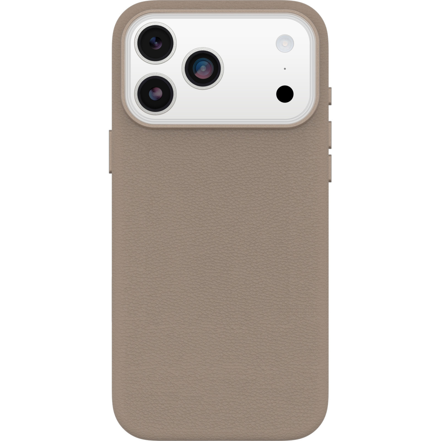 Een telefoonhoesje in een neutrale zandkleur. De achterkant heeft een cameramodule met drie lenzen en een flitser.