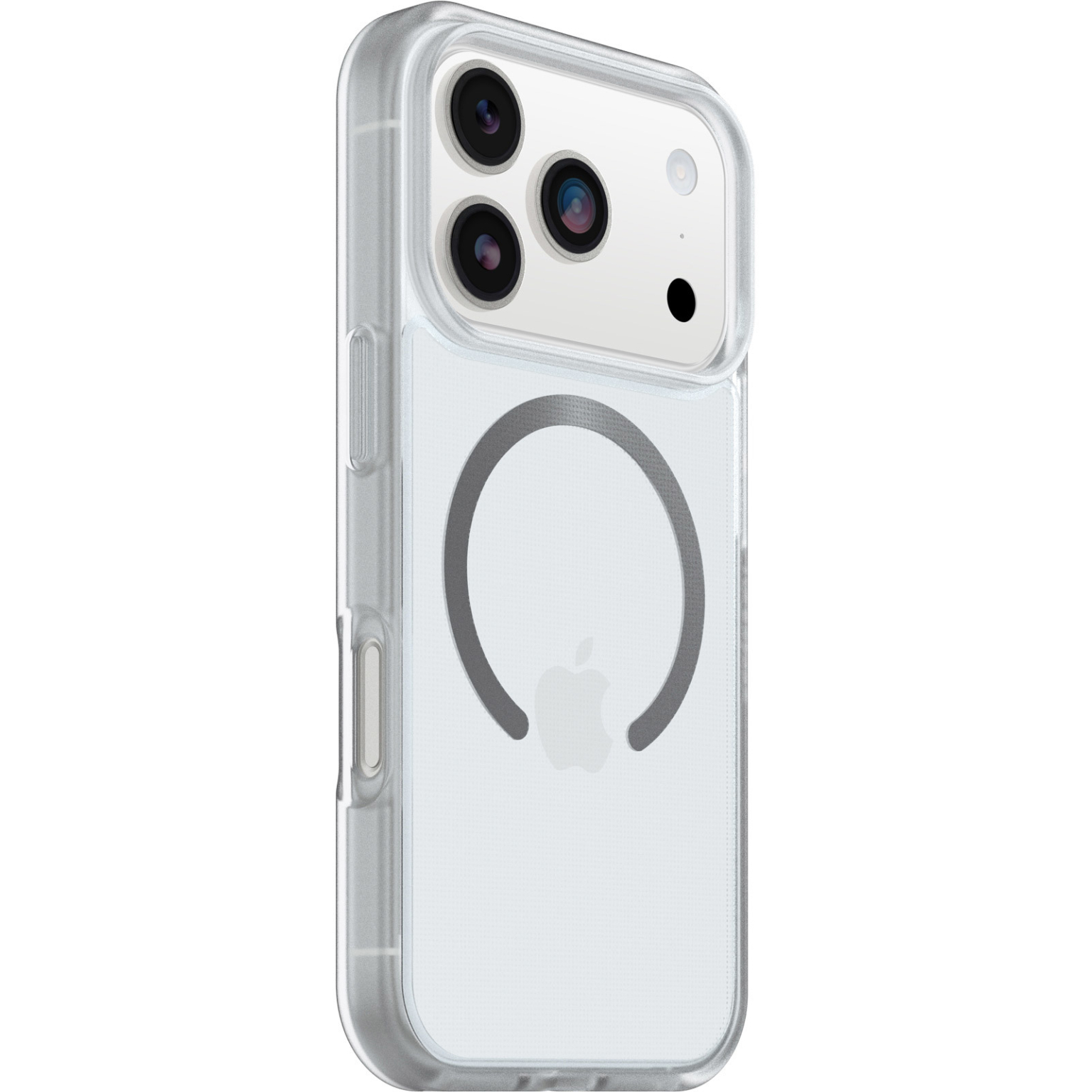 Een transparante iPhone-hoes met een MagSafe-ring en Apple-logo. De hoes heeft een uitsparing voor de camera met drie lenzen. De hoes is transparant.