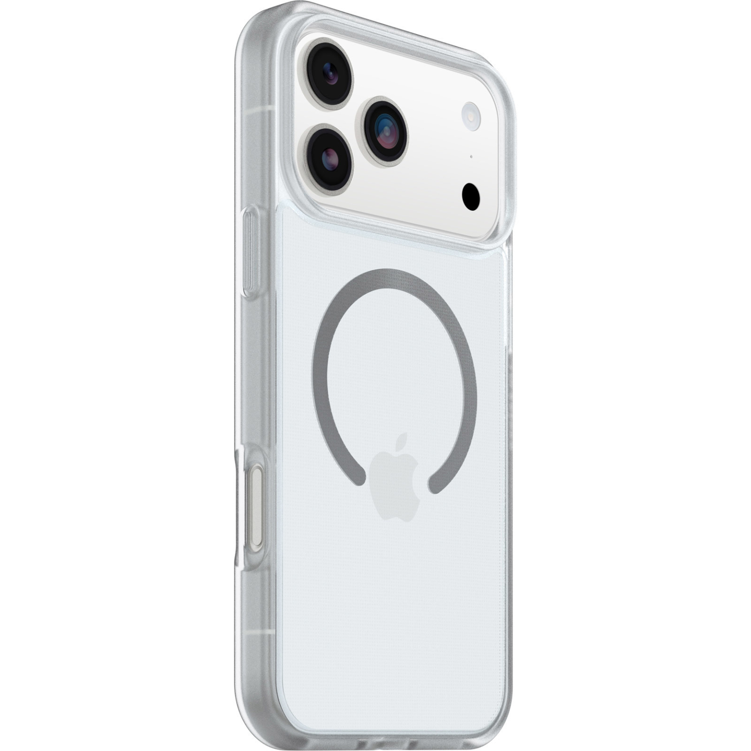 Coque transparente pour iPhone avec MagSafe. Objectifs de caméra et logo Apple visibles. Design transparent avec accents gris.