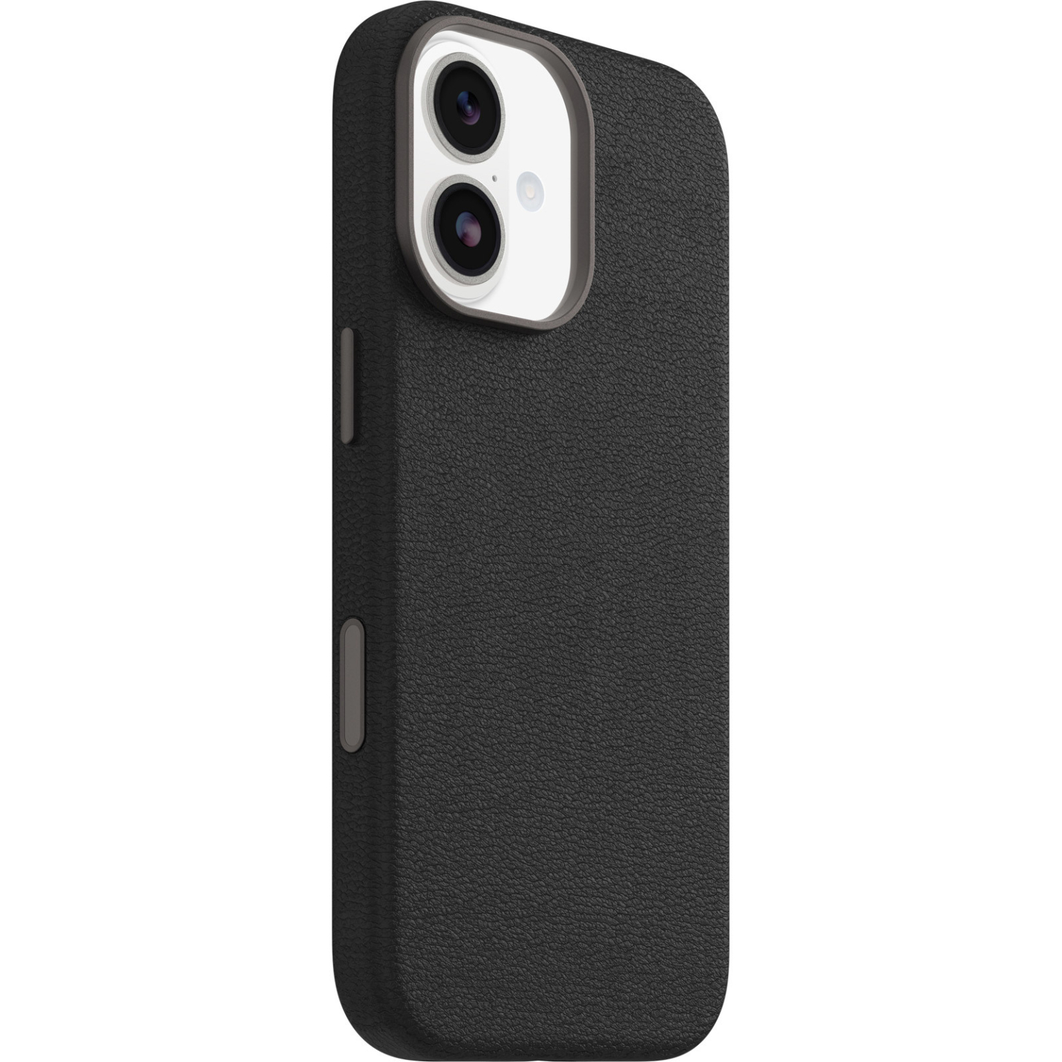 Una funda negra para teléfono con superficie texturizada. Se ve la sección de la cámara con dos lentes. Botones de volumen en el lateral.
