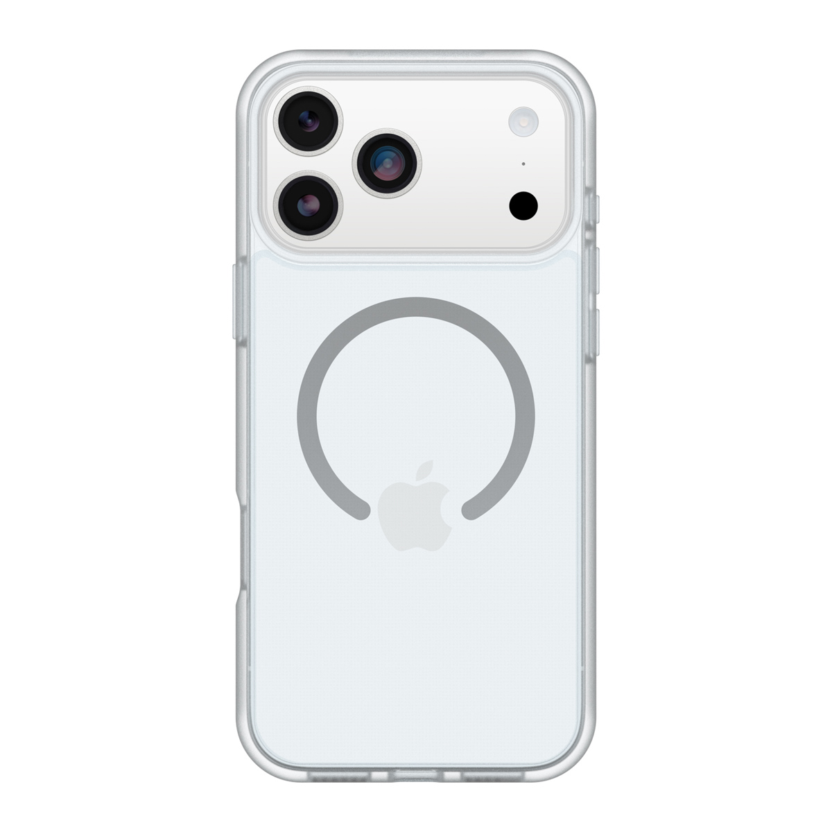 Une coque de téléphone transparente avec un iPhone à l'intérieur. La coque a un anneau magnétique et le logo Apple. Elle comporte un module caméra à trois lentilles.