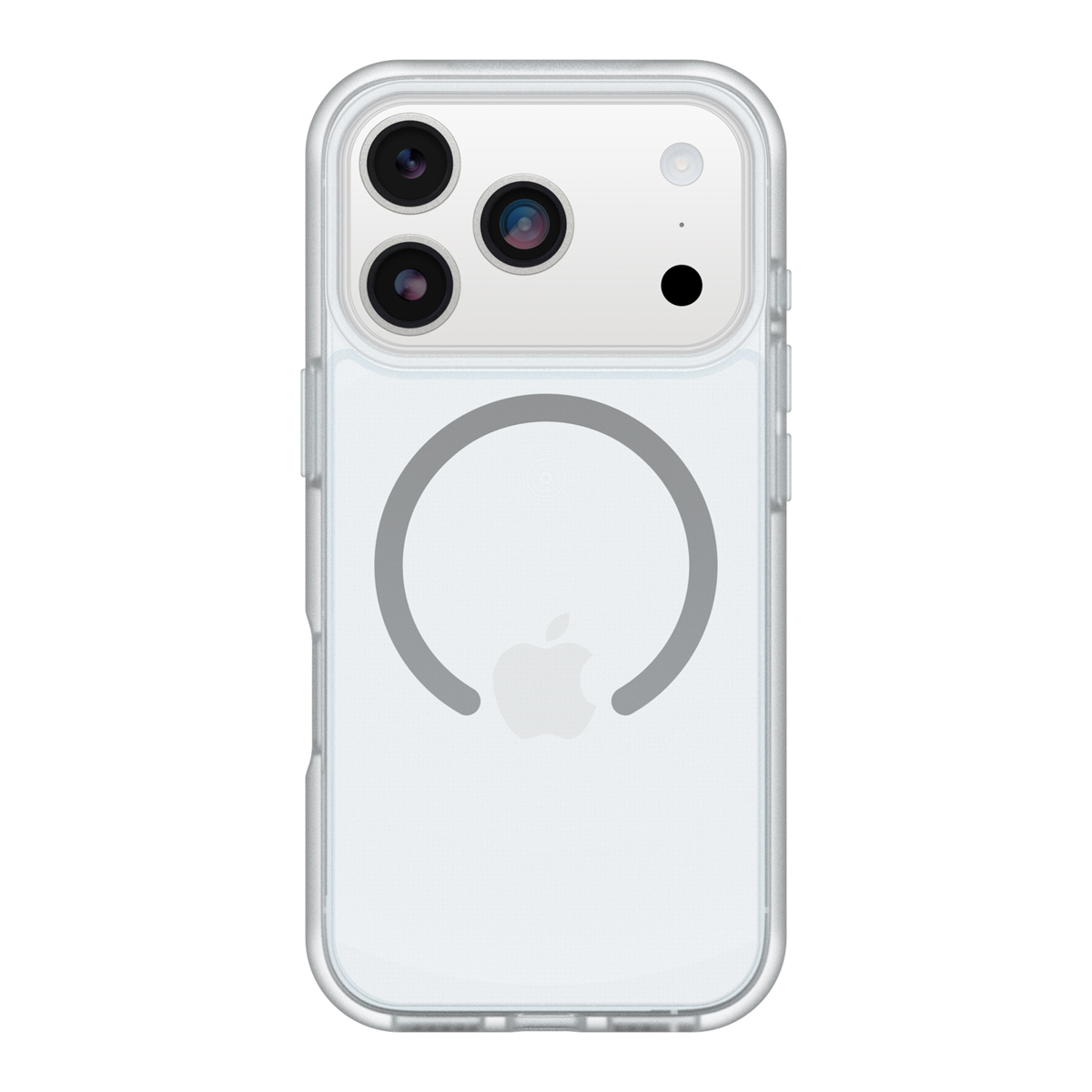 Een transparante telefoonhoes met een Apple-logo. Het heeft drie cameralenzen, een flitser en een magnetische ring op de achterkant.