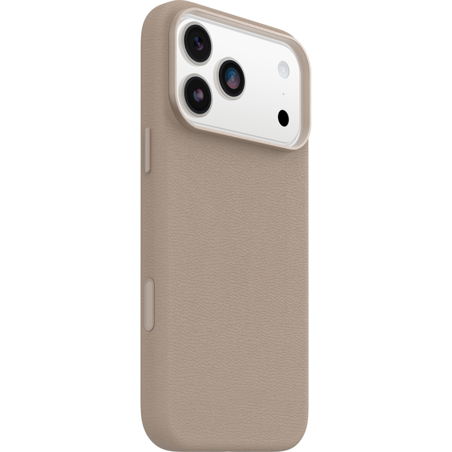 Een telefoonhoesje in lichtbruine kleur. Het heeft een cameramodule met drie lenzen, een flitser en een getextureerd oppervlak.