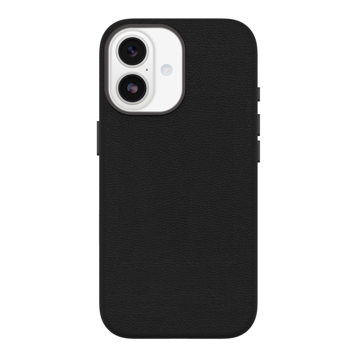 Funda de teléfono negra con dos lentes de cámara y un flash. La funda tiene una textura similar al cuero.