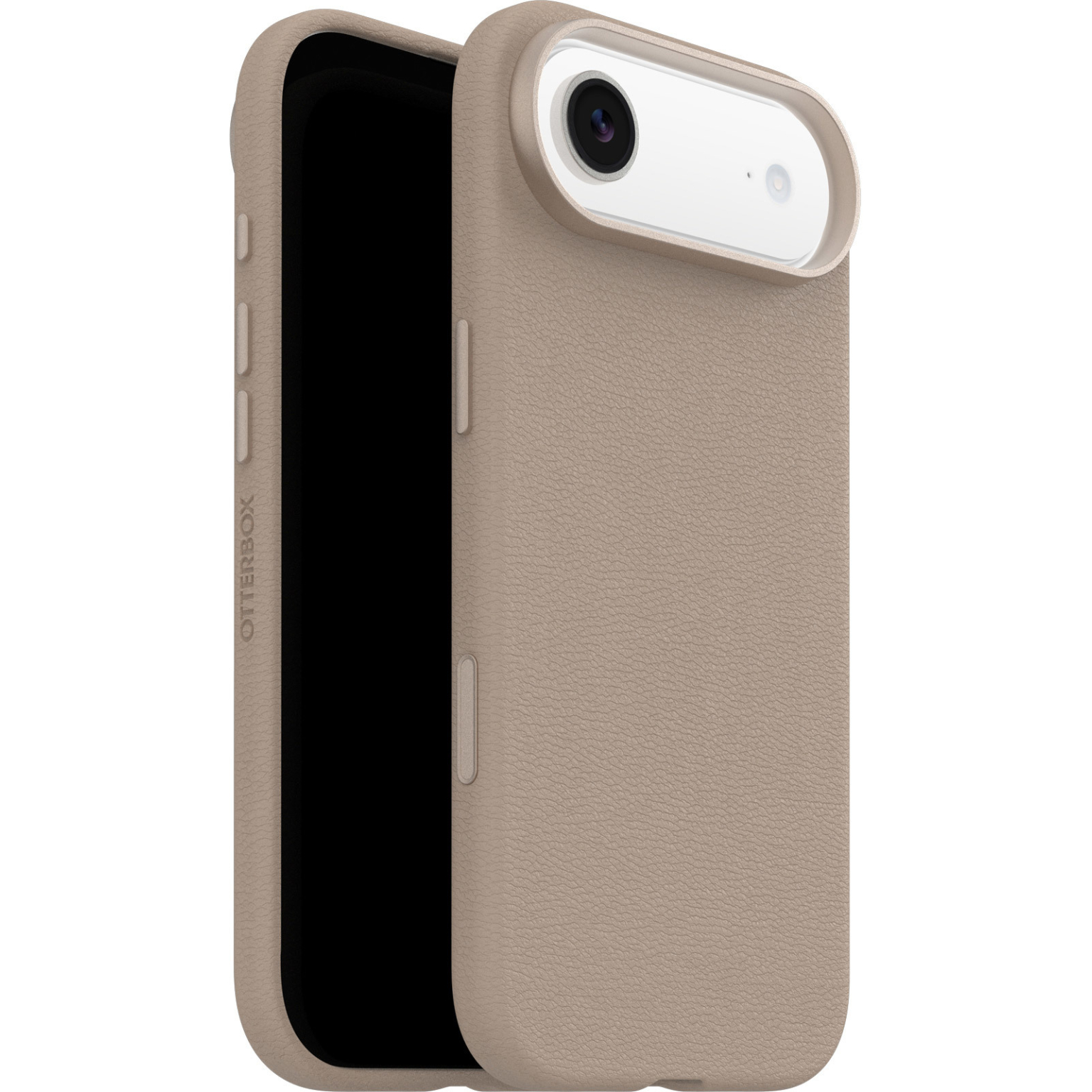 Un étui de téléphone beige avec un téléphone noir à l'intérieur. L'étui présente une découpe pour l'appareil photo, logo Otterbox, texture cuir.
