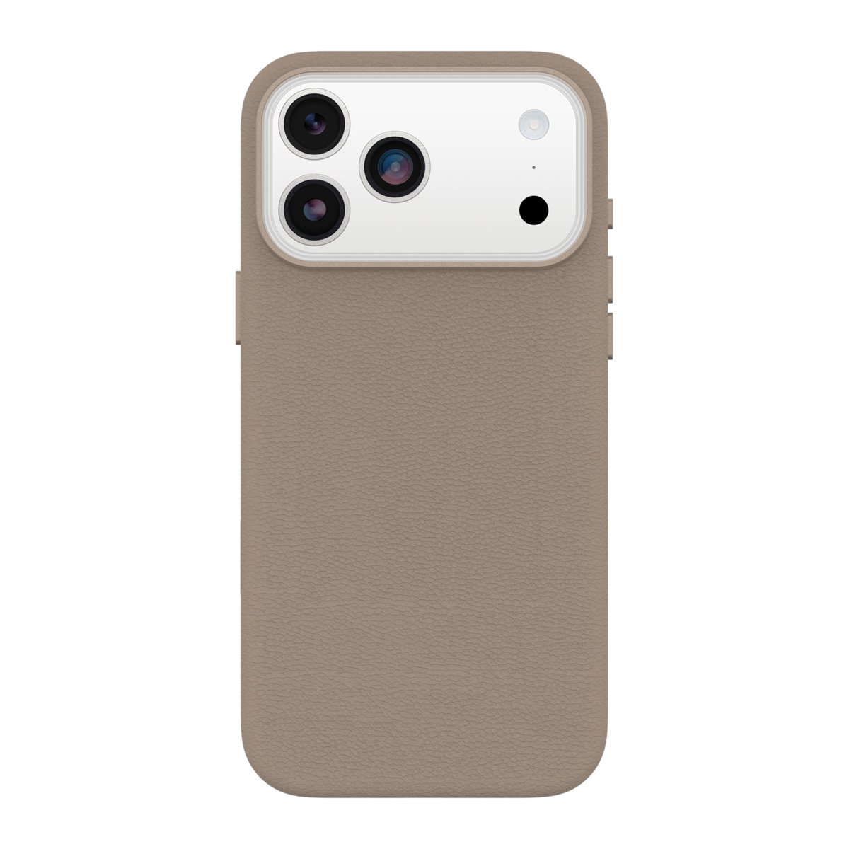 Een bruin telefoonhoesje met een rechthoekige cameramodule, met drie lenzen en een flitser. De hoes heeft een getextureerd oppervlak.