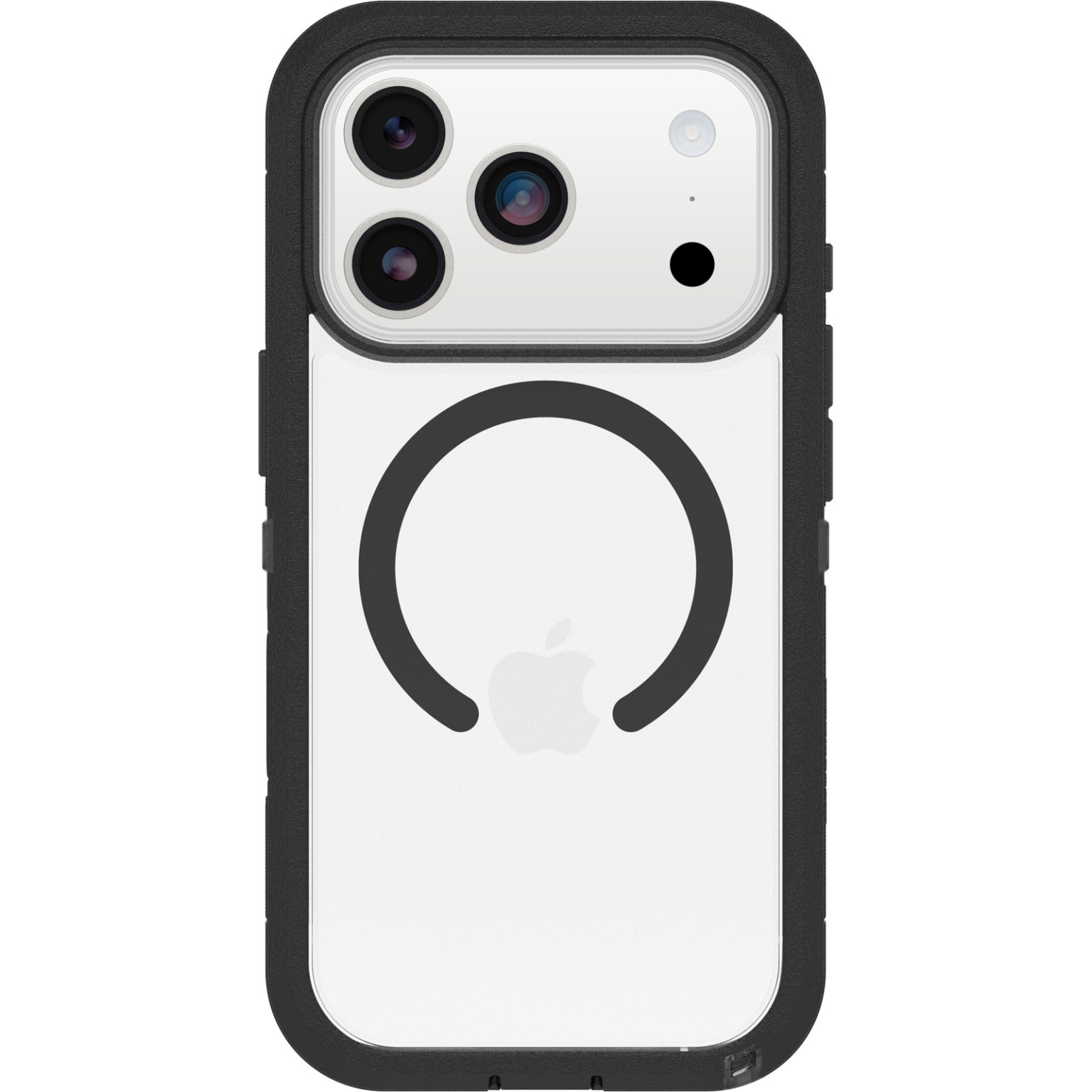 Une coque de téléphone transparente avec des bords noirs. Elle a un anneau noir et le logo Apple au dos. 