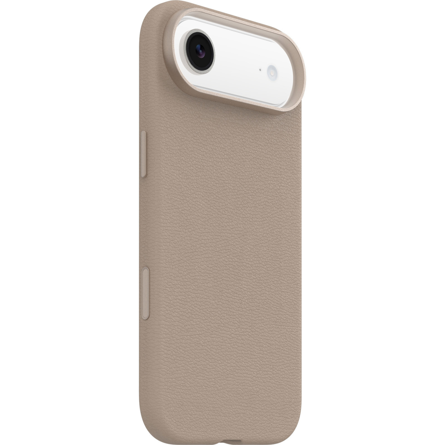 Une coque de téléphone beige est montrée. Elle a une découpe pour l'appareil photo avec deux lentilles. La coque a une finition texturée et deux boutons.