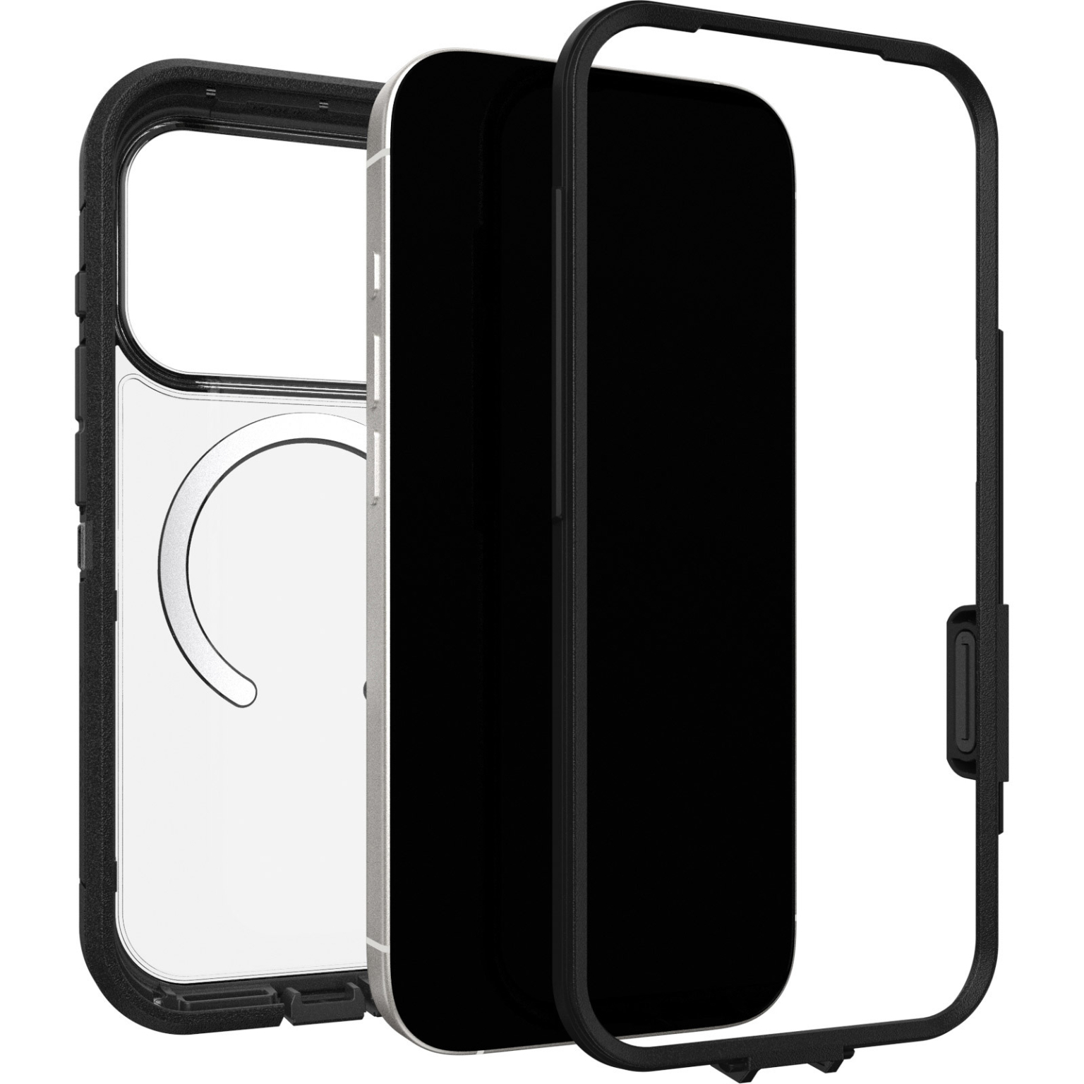 Vue éclatée d'un étui de téléphone. L'étui a des cadres noirs et un dos transparent, montrant l'écran du téléphone.