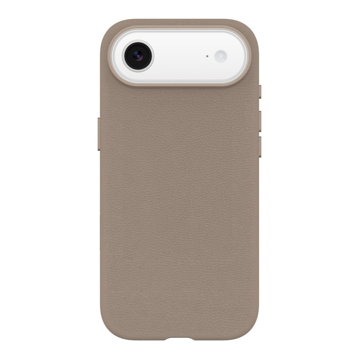 Une coque de téléphone taupe. Le dessus a un boîtier de caméra blanc avec un objectif et un petit point.