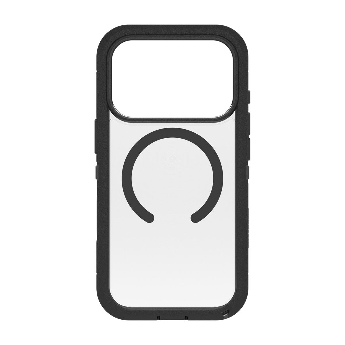 Une coque de téléphone transparente avec une bordure noire. Elle a un dos transparent et un anneau noir en bas. La découpe de l'appareil photo est en haut.
