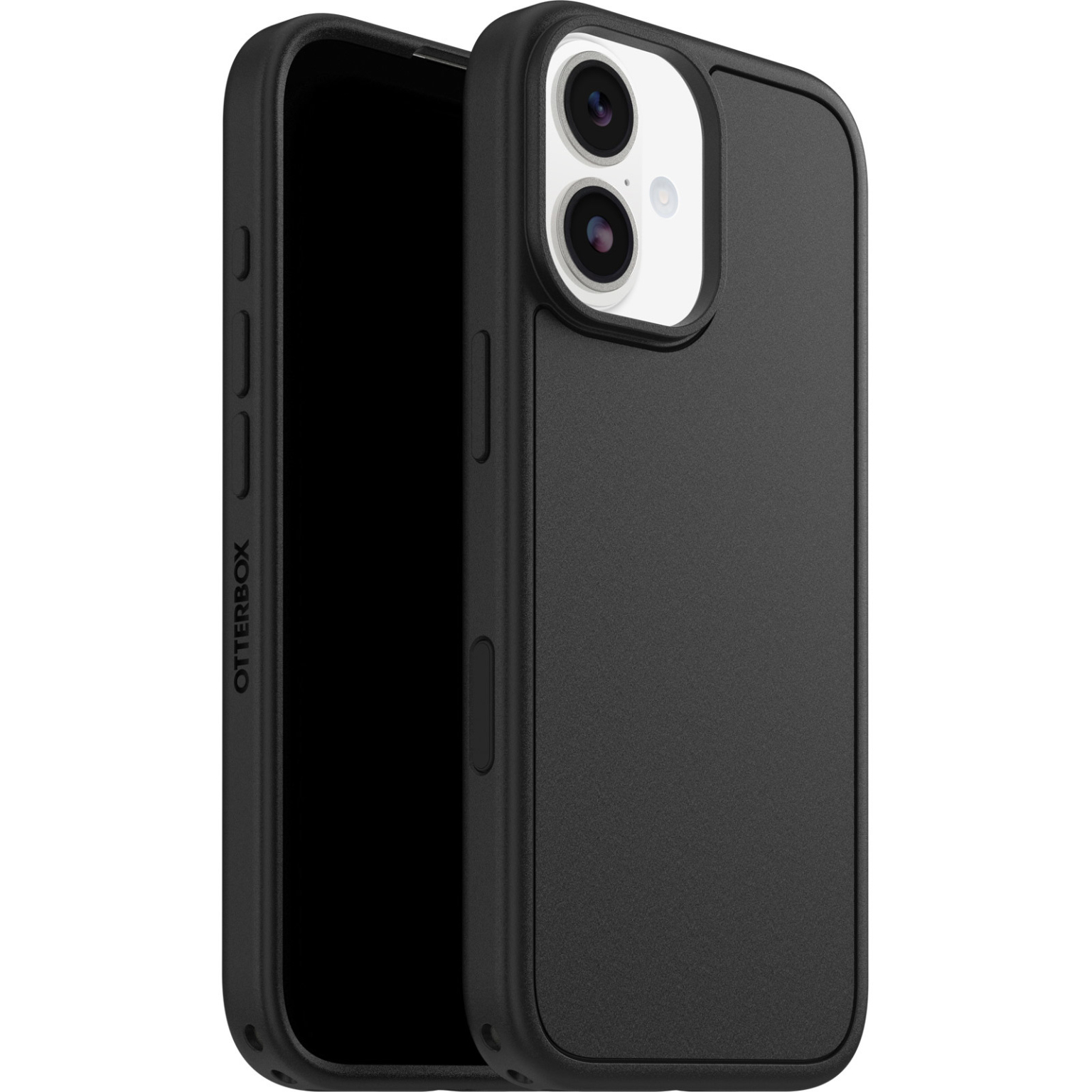 Een zwarte iPhone in een zwarte Otterbox-hoes. De telefoon is iets verschoven, waardoor het scherm zichtbaar is. De camera is zichtbaar.