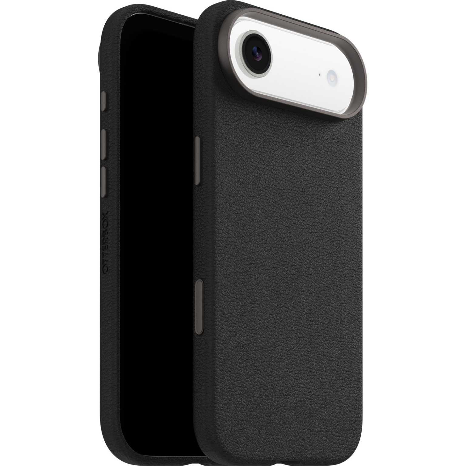 Un étui de téléphone noir avec un accessoire d'objectif est montré. L'écran du téléphone est noir. L'étui a une finition semblable au cuir.
