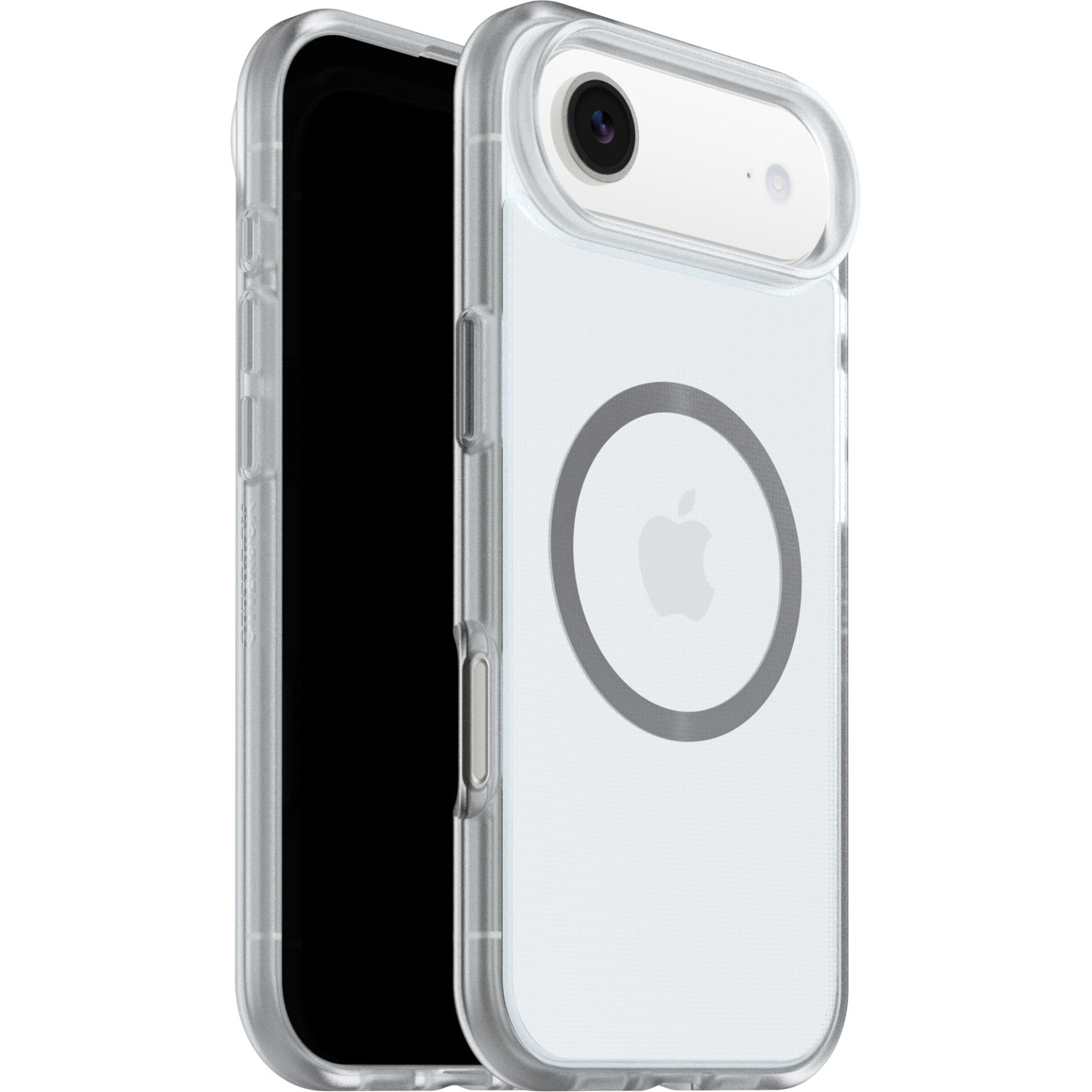 Een doorzichtige telefoonhoes met een zwarte telefoon erin. De hoes heeft een uitsparing voor de camera en een cirkelvormig Apple-logo. De telefoon staat uit.