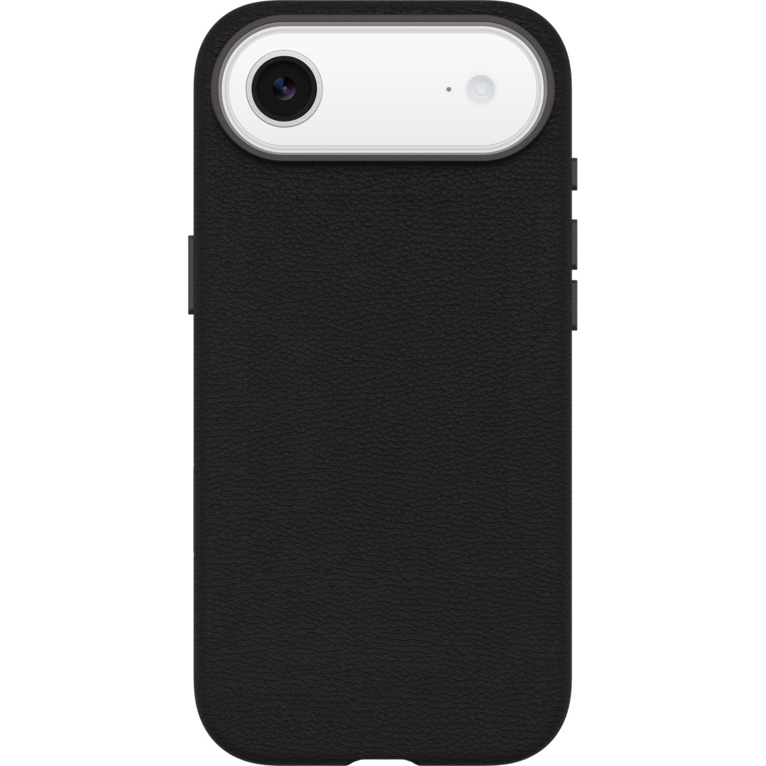 Une coque de téléphone noire avec un module caméra en haut. La coque a une surface texturée. Le module caméra est blanc et argenté.