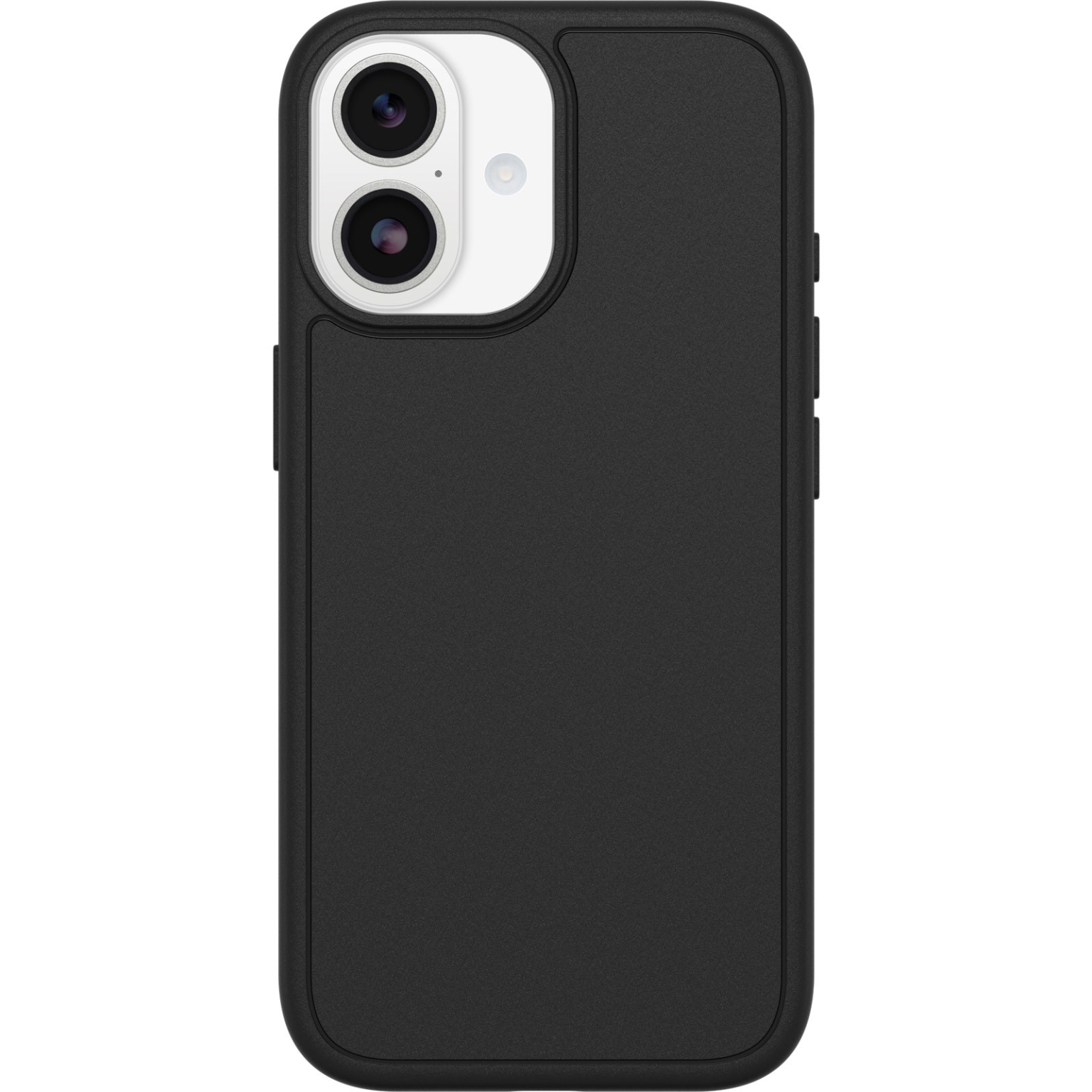 Zwarte telefoonhoes met cameralenzen op een witte achtergrond. De hoes heeft een gestructureerd oppervlak en knoppen aan de zijkant.