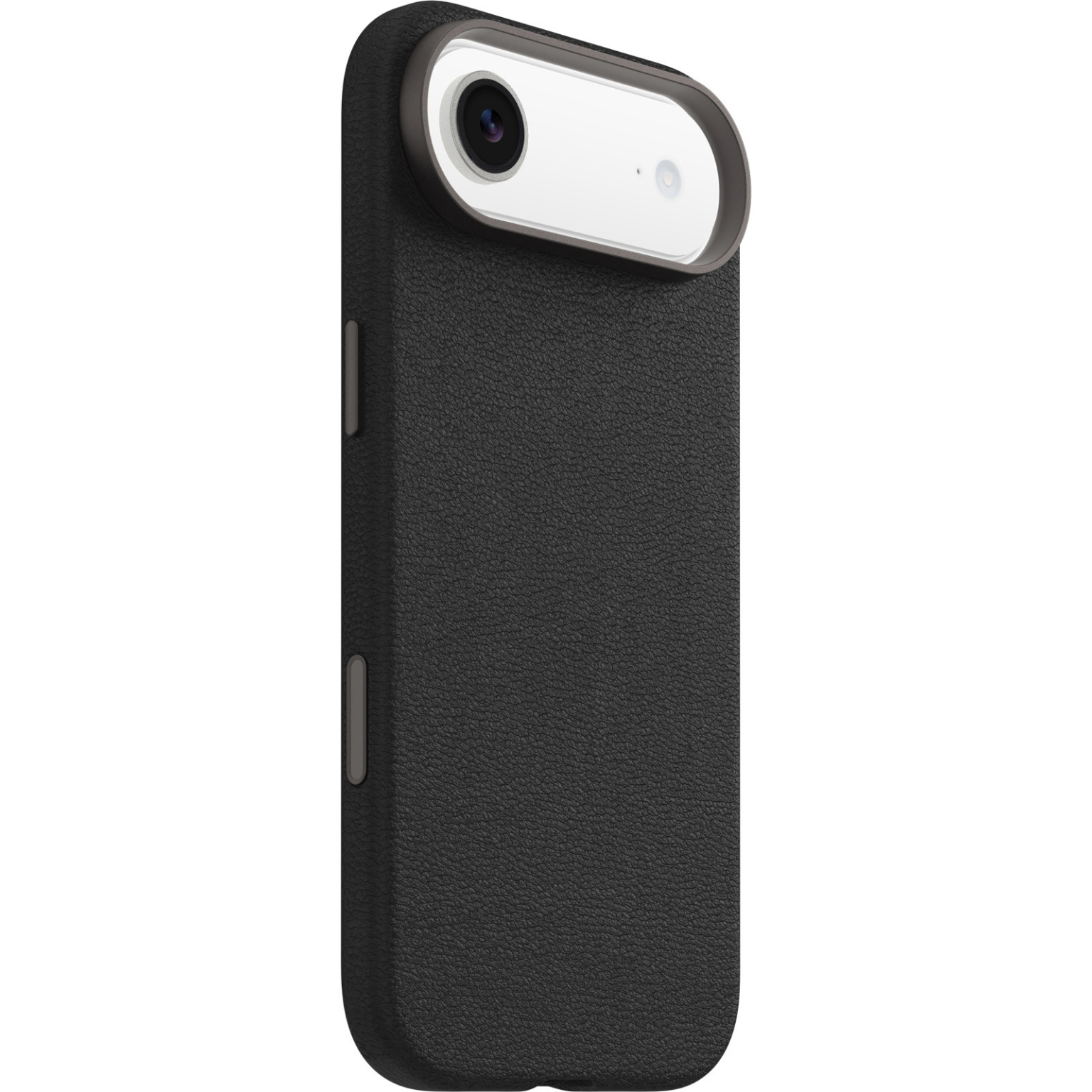 Un étui de téléphone noir avec une fixation pour caméra. L'étui est texturé. Le module de la caméra est blanc et gris.