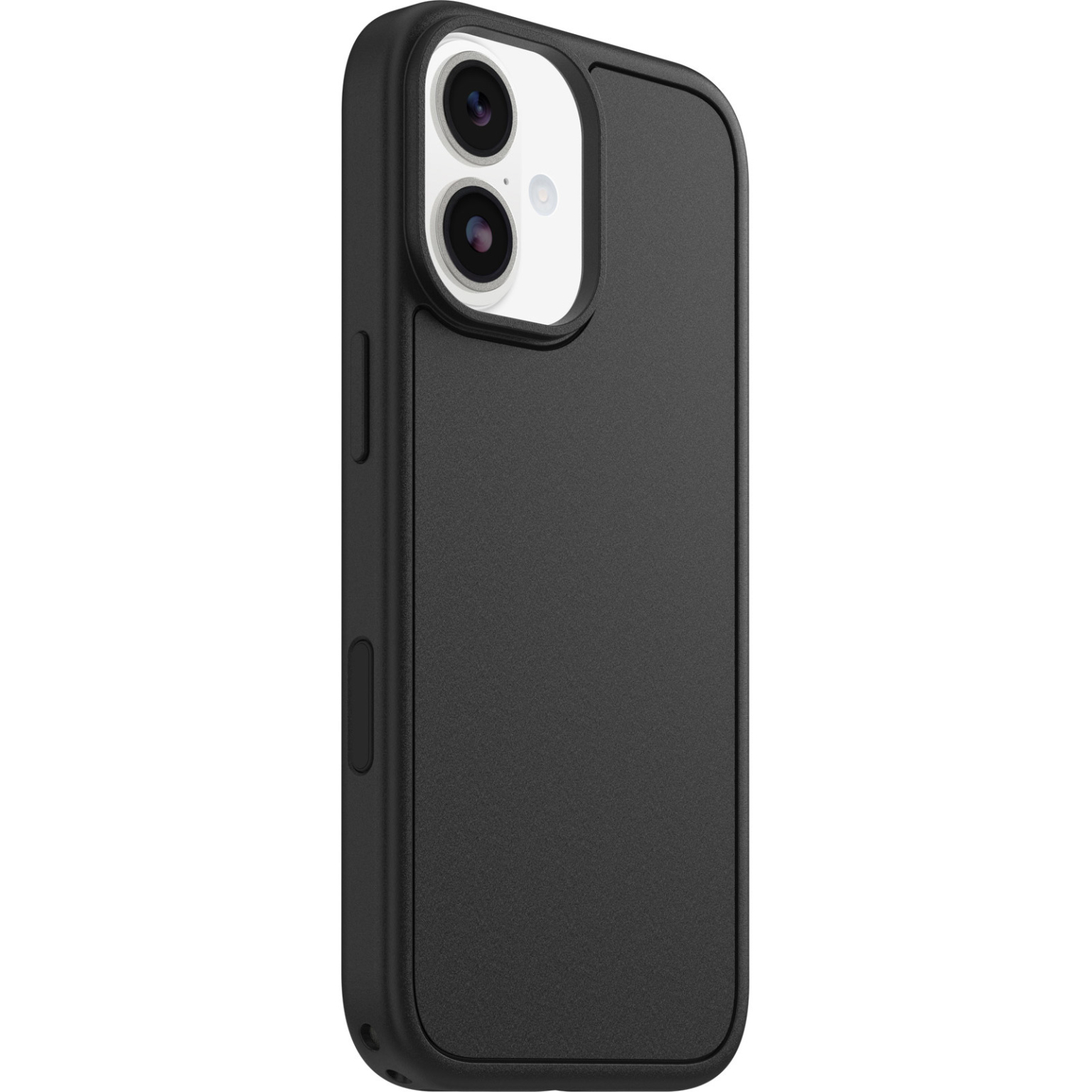 Een zwarte telefoonhoes met een uitsparing voor een dubbele cameralens. De hoes heeft een matte afwerking en licht afgeronde randen.