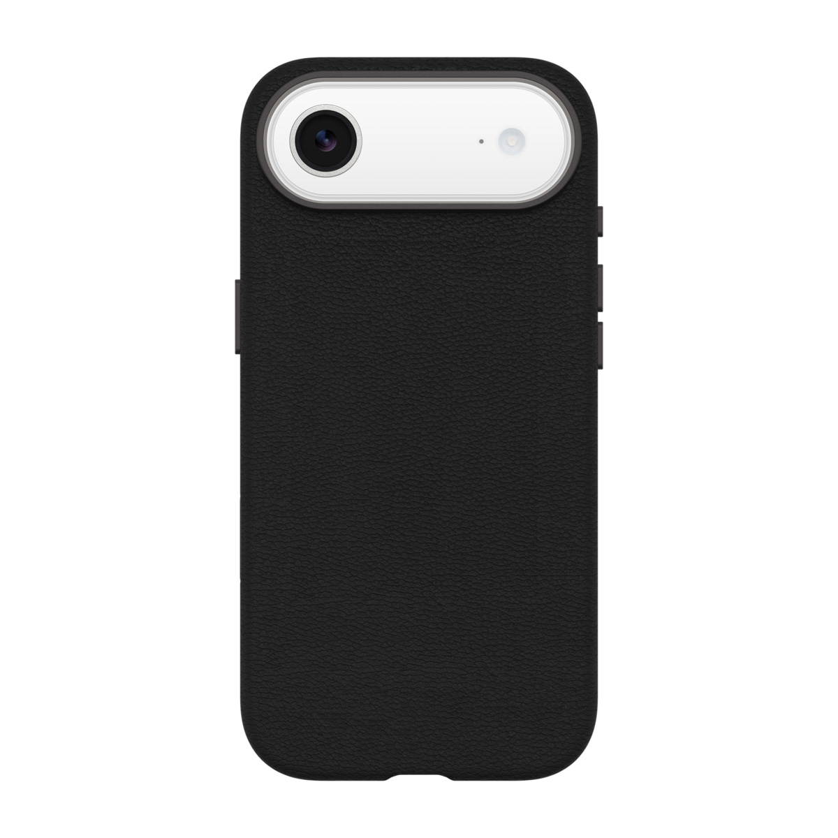 Coque de téléphone noire avec une section caméra blanche. La coque a une surface texturée. Le fond est blanc.
