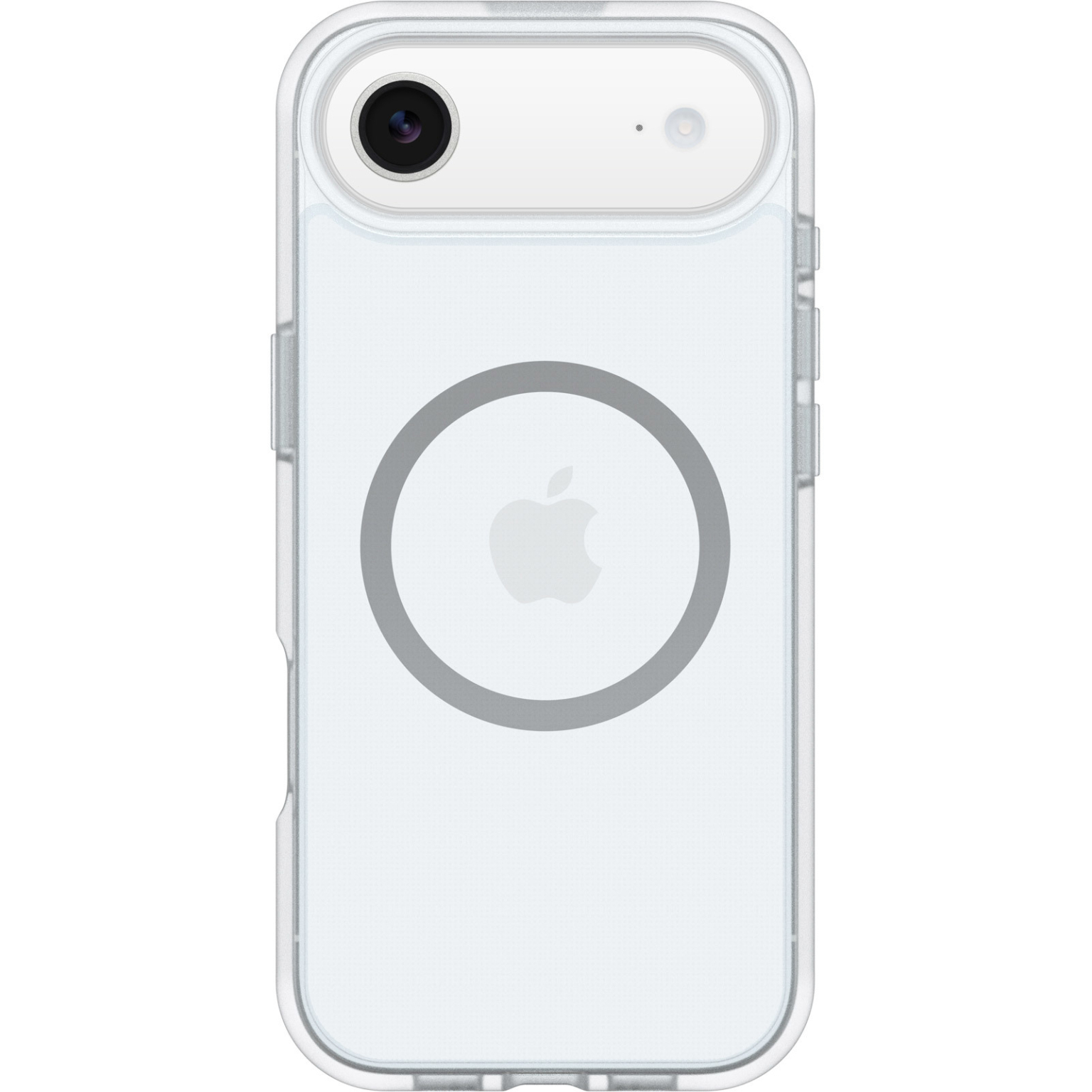 Transparante iPhone-hoes. Voorzien van camera-uitsparingen, een MagSafe-ring met Apple-logo en een helder, beschermend ontwerp.