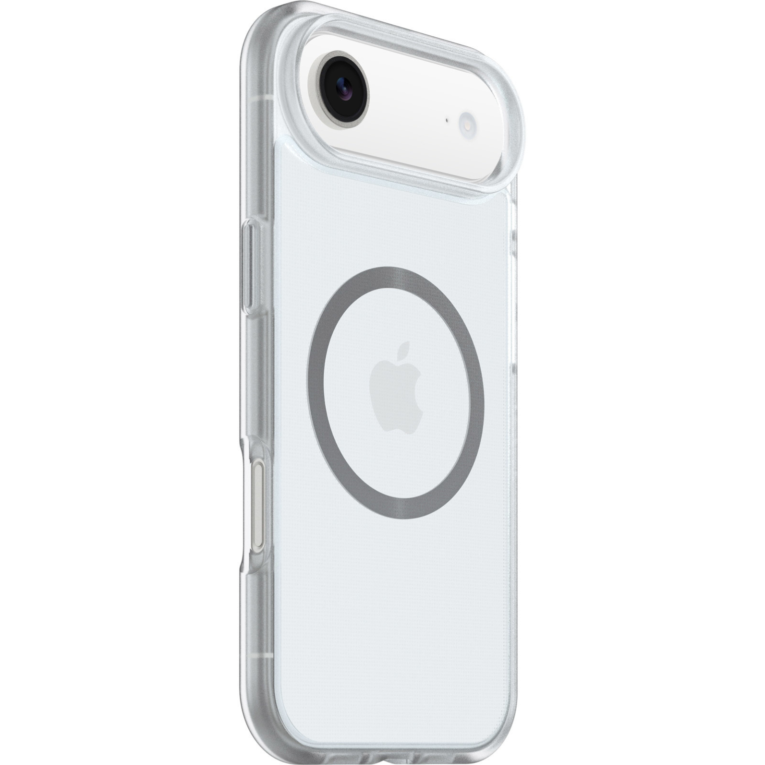 Een doorzichtige telefoonhoes met een Apple-logo. Het heeft een uitsparing voor de camera en een iets verhoogde rand. De hoes is transparant.