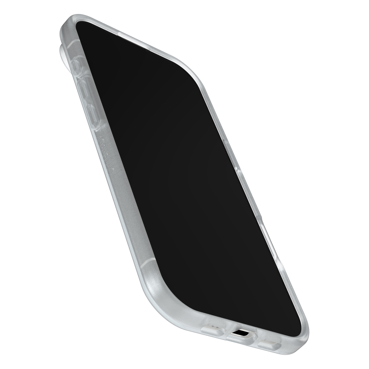 Een doorzichtige telefoonhoes met een zilveren frame. Het telefoonscherm is zwart. De hoes is iets gekanteld.