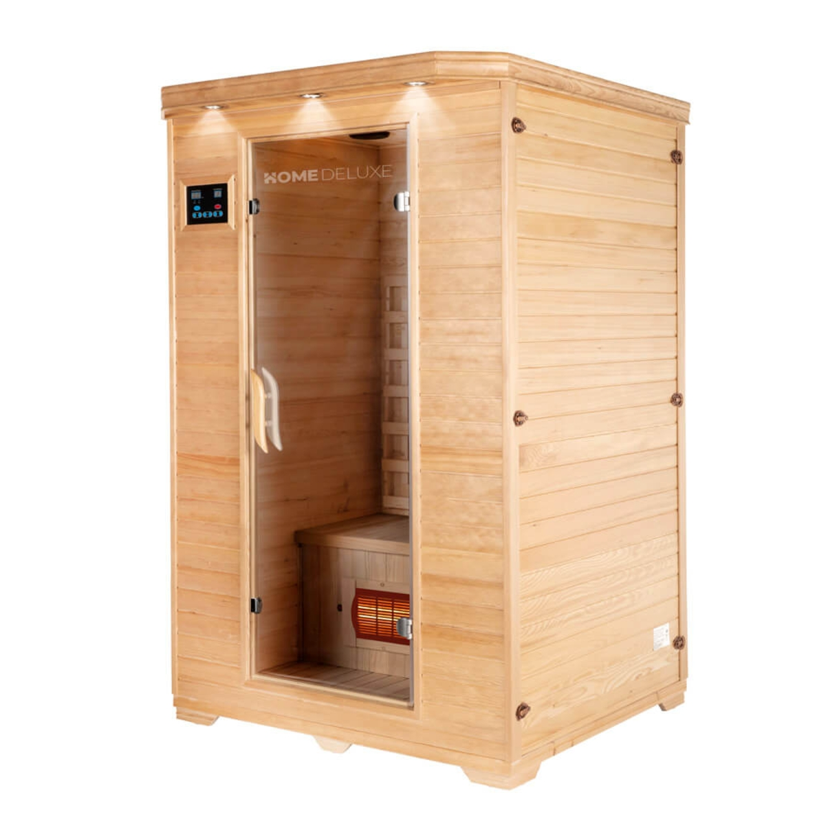 Eine Sauna-Kabine aus Holz mit Glastür, Bedienfeld und einer Bank im Inneren. Das Äußere ist helles Holz, und das Innere ist sichtbar.