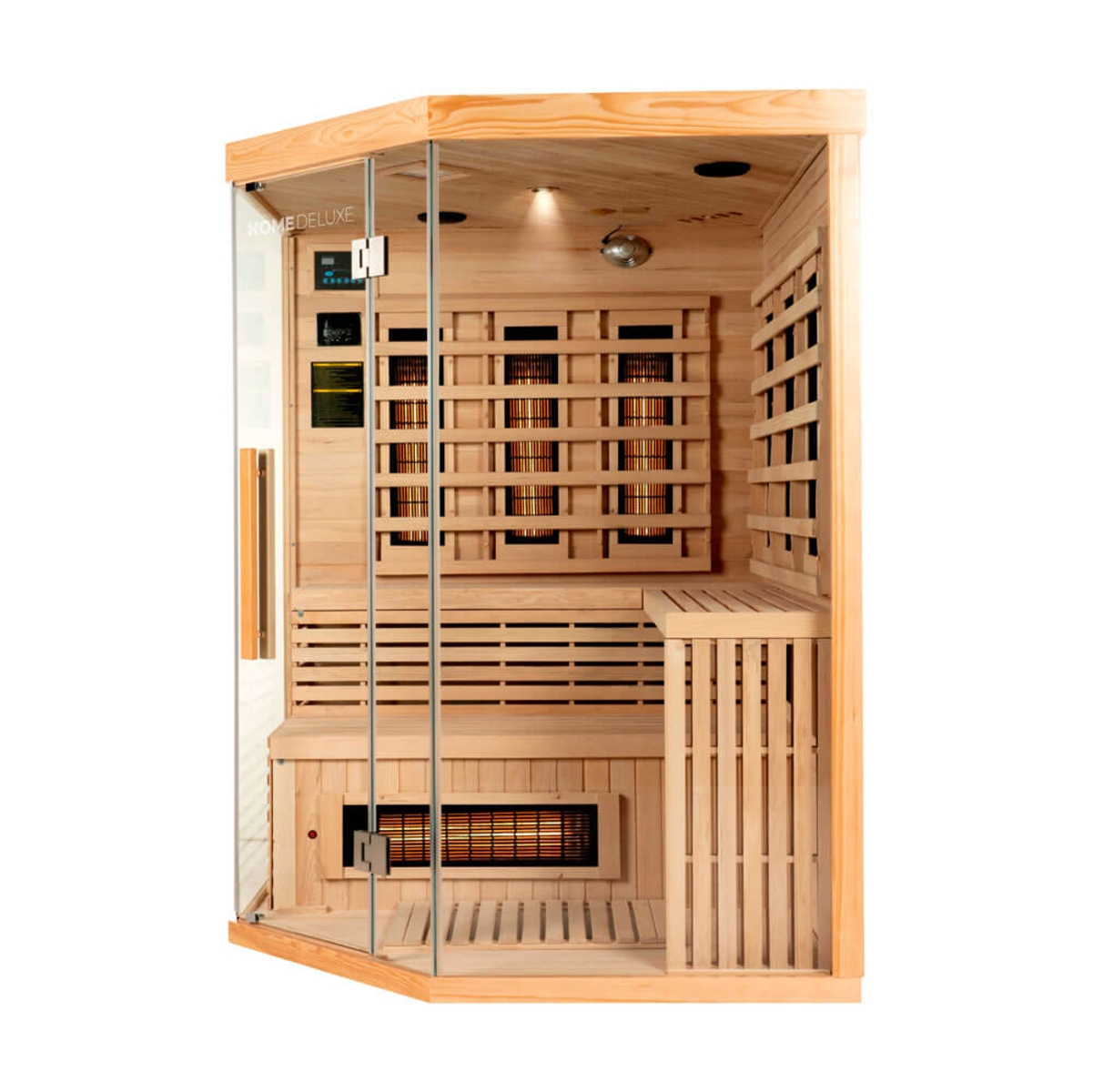 Sauna aus Holz mit Glastür. Im Inneren befinden sich Holzbänke und Infrarotstrahler. Die Sauna ist leer.
