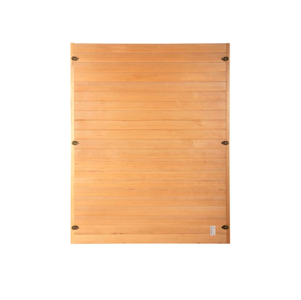 Ein rechteckiges Holzpaneel mit horizontalen Lamellen. Es hat Scharniere und ein kleines Etikett. Der Hintergrund ist schlicht weiß.