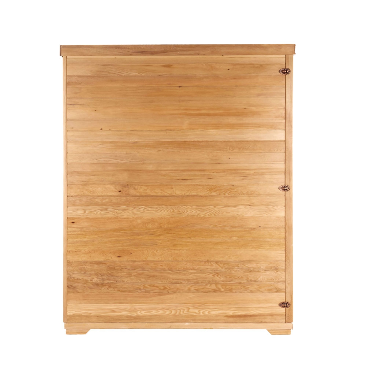 Rückseite eines Holzschranks. Helle, braune Holzmaserung sichtbar. Rechteckig, mit Metallscharnieren und kleinem Sockel.