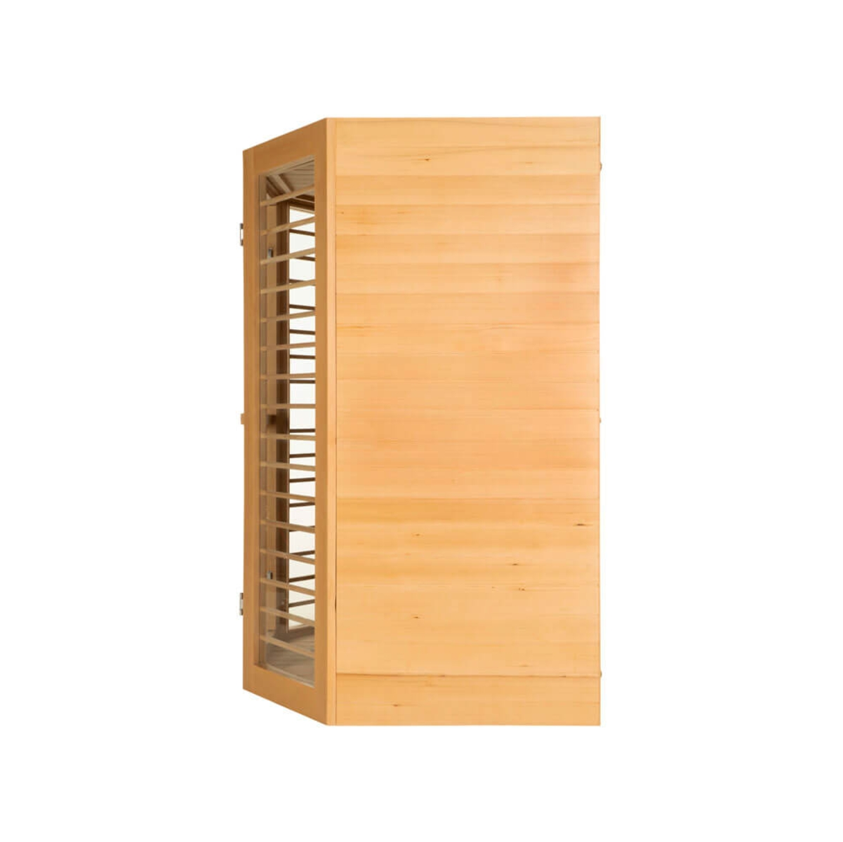 Ein hellbrauner Holzschrank mit Glastür und Gittermuster an der Seite. Der Hintergrund ist weiß.