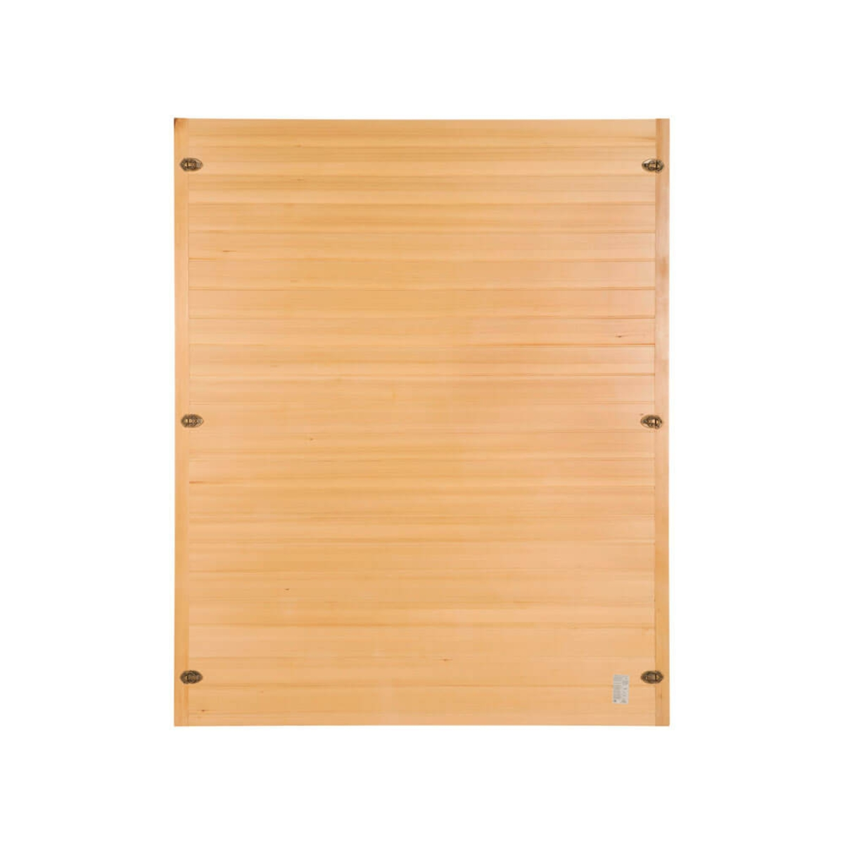 Eine hellbraune Holzplatte. Sie ist rechteckig und hat mehrere Messing Scharniere und ein kleines Etikett unten.