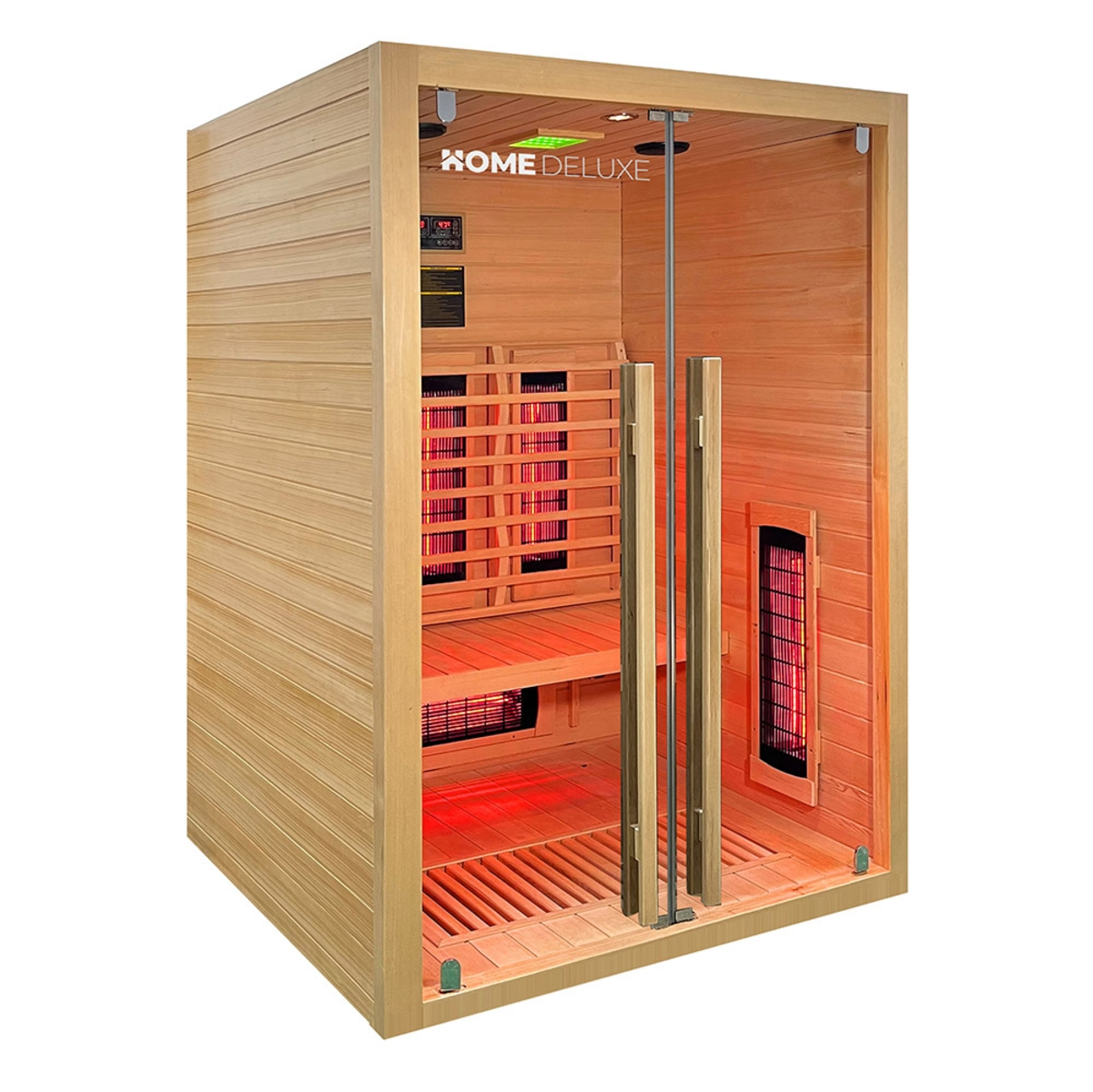 Holzsauna mit Glastür, rote Infrarotlichter innen. Home Deluxe Logo sichtbar. Die Sauna steht auf weißem Hintergrund.