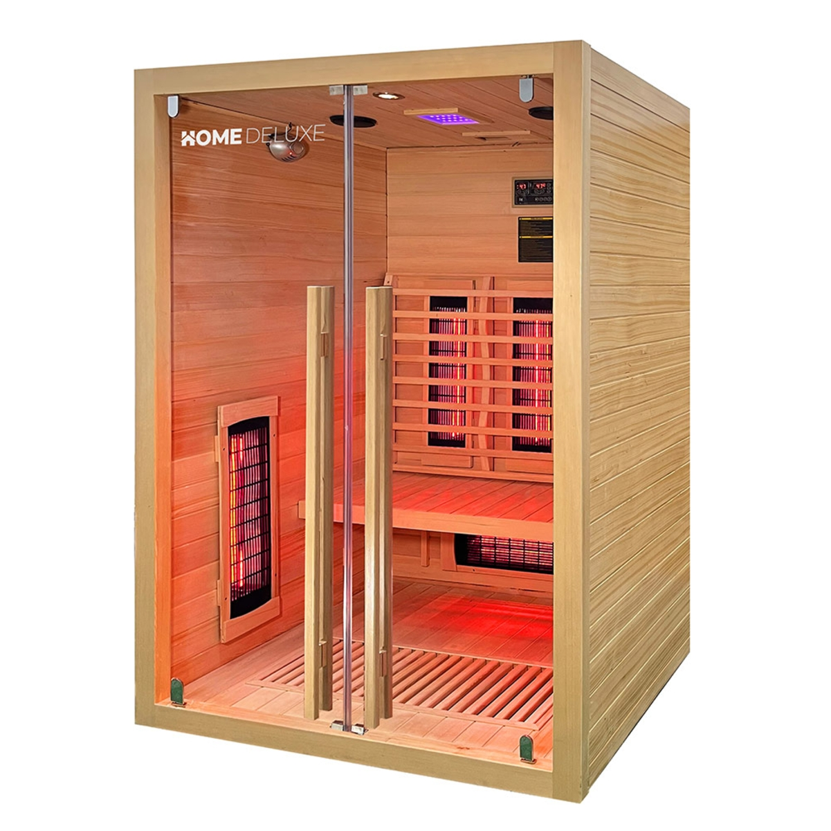 Holzsauna mit Glastür, roter Innenbeleuchtung und Holzbänken. Home Deluxe Branding ist sichtbar.