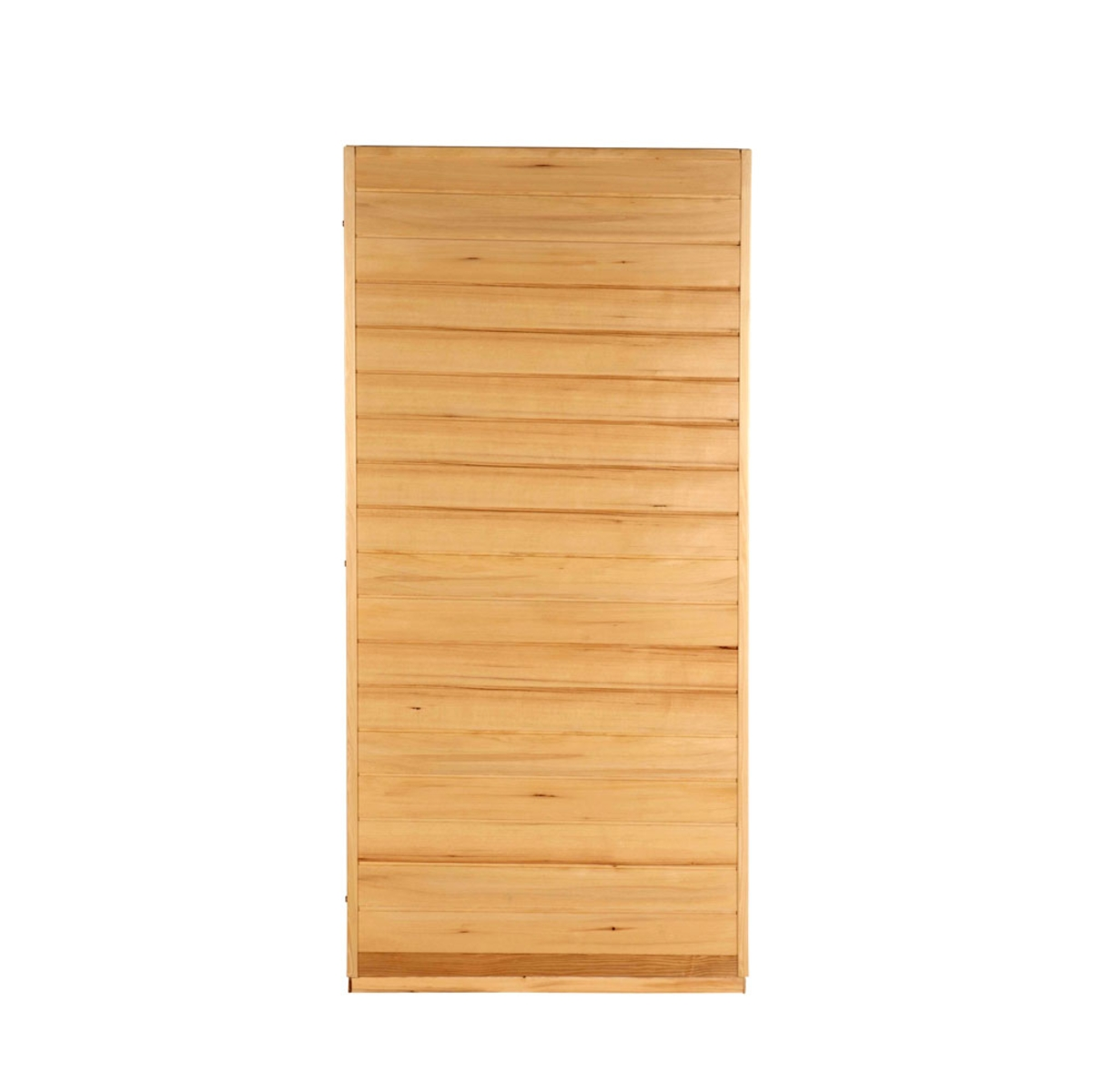 Ein rechteckiges Holzpaneel mit horizontalen Holzlatten. Das Holz ist hellbraun, der Hintergrund ist weiß.