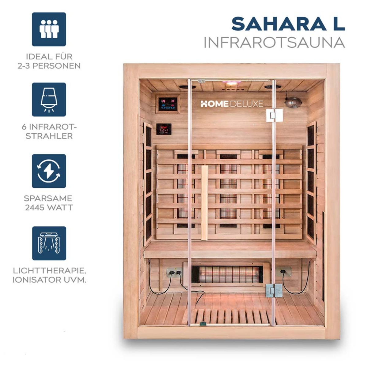 Infrarotsauna mit Holzausstattung. Text links: Ideal für 2-3 Personen, 6 Infrarotstrahler, 2445W, Lichttherapie.