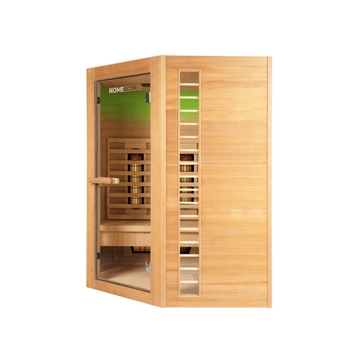 Eine Holzsauna mit Glastür, 'HOME DELUXE' oben links. Innen Bänke und Heizungen. Außen ein vertikales Fenster.