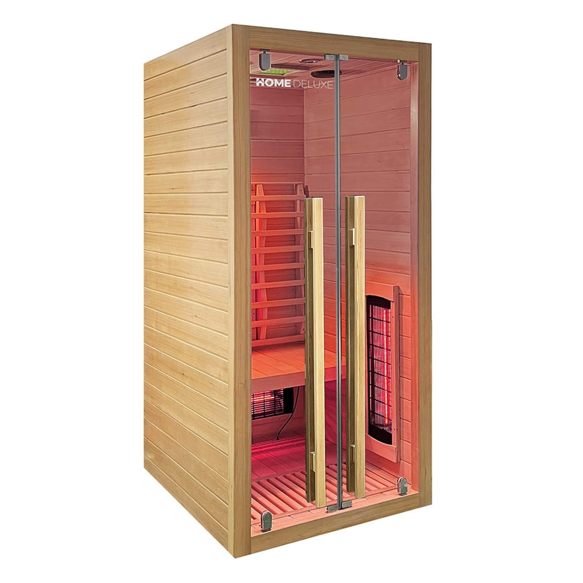 Eine Holzsauna mit Glastüren. Innen gibt es eine Bank, eine Leiter und rote Beleuchtung. Der Markenname ist oben sichtbar.