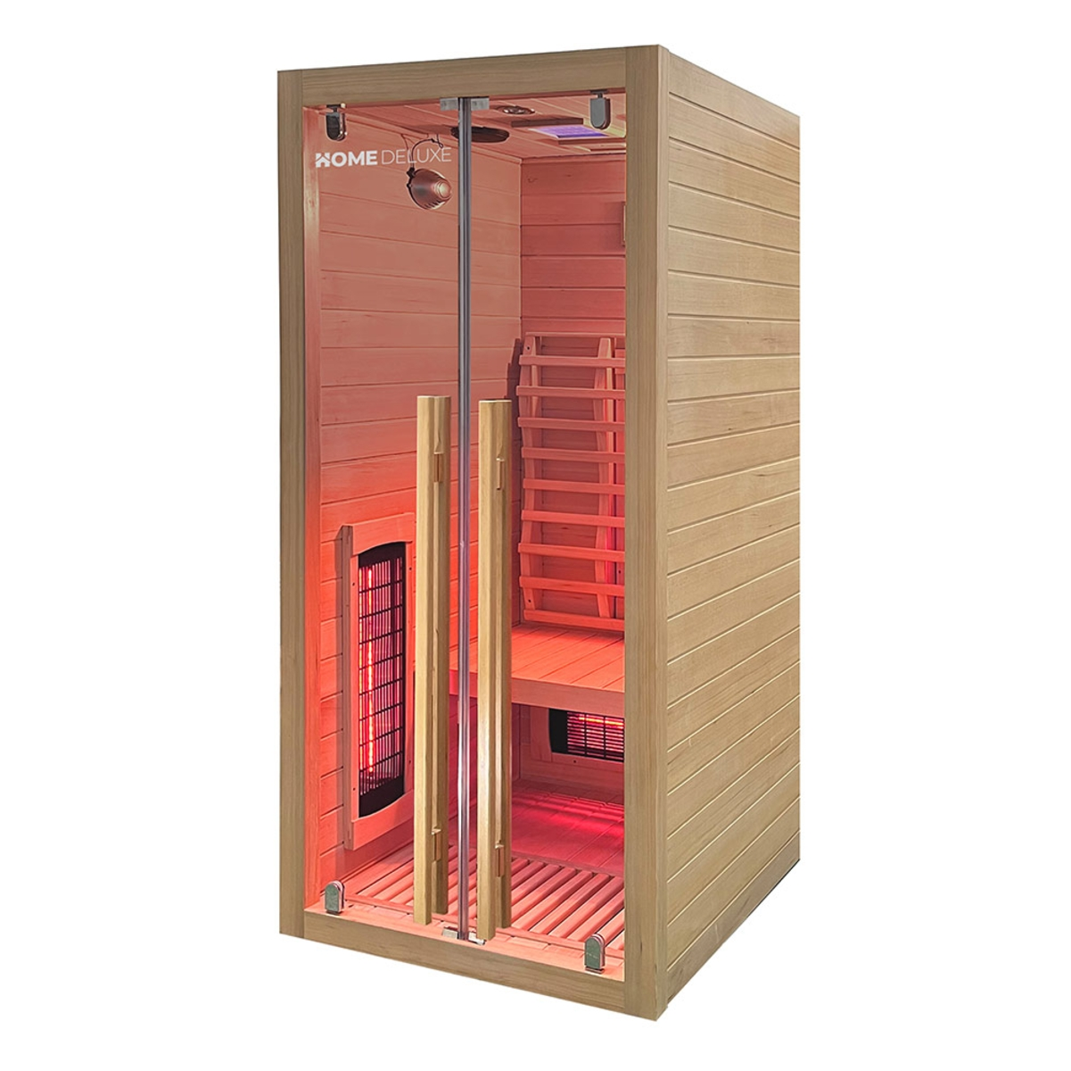 Eine holzgetäfelte Sauna mit Glastür, der Innenraum hat eine Bank und eine Leiter. Rote Beleuchtung ist sichtbar. Der Markenname 'Home Deluxe' steht oben.
