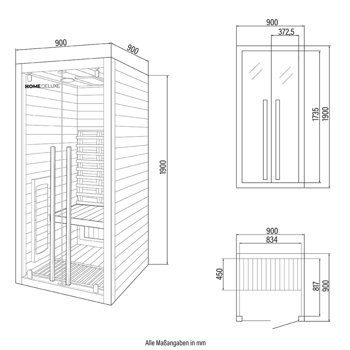 Diagramm einer Sauna. Zeigt Abmessungen, einschließlich Vorder- und Seitenansichten. Verfügt über eine Bank, Türgriffe und Gesamtstruktur.