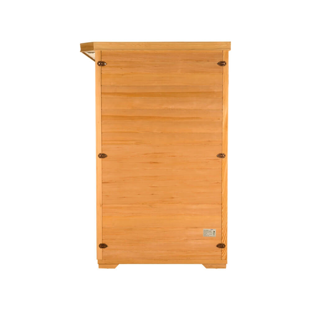 Ein Holzschrank in hellbrauner Farbe, von hinten gesehen. Er hat mehrere Scharniere und eine rechteckige Form.