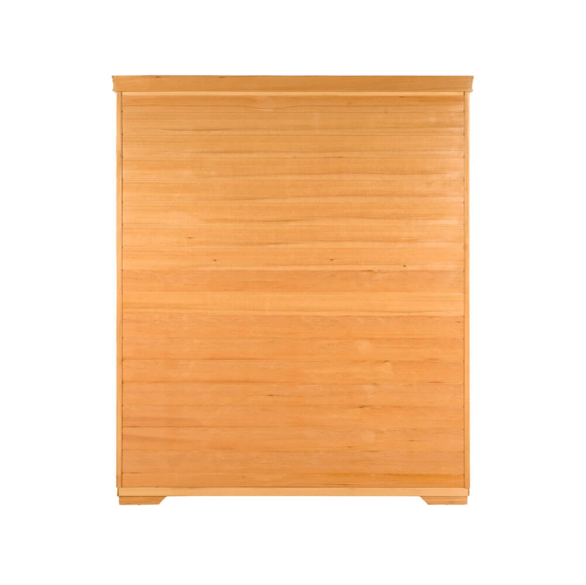 Ein hellbrauner Holzschrank ist zentriert. Der Hintergrund ist weiß. Das Holz hat horizontale Linien.