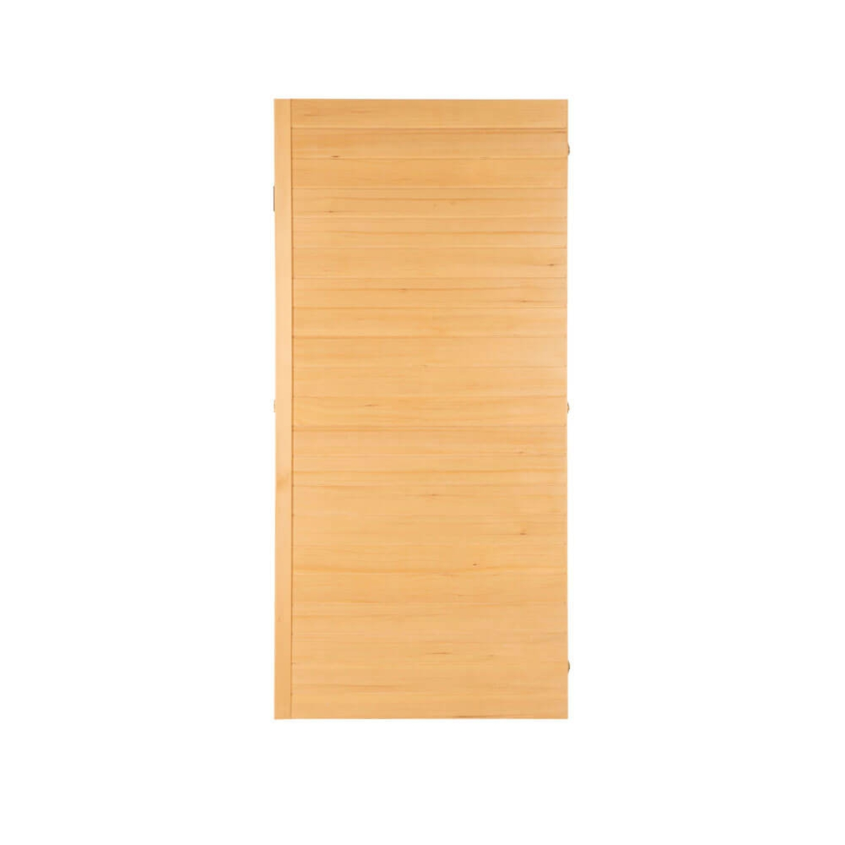 Eine rechteckige Holztür, hellbraun, mit horizontalen Holzlatten. Die Tür ist vor einem weißen Hintergrund zentriert.