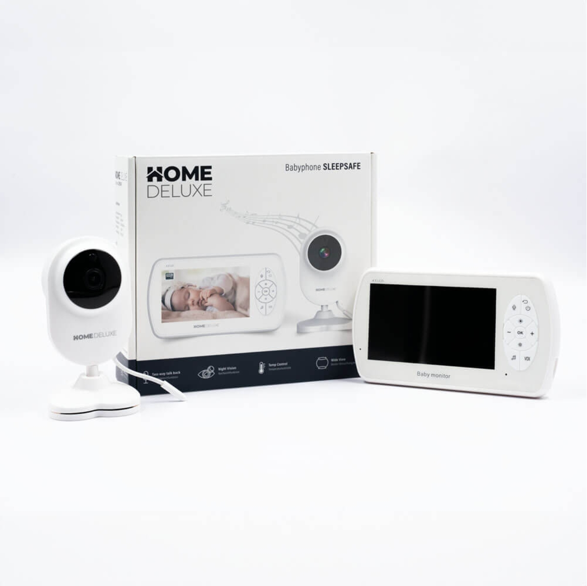 Ein Babyphone-Set mit Kamera, Monitor und Box. Auf der Box steht 'Home Deluxe Babysafe'. Der Monitor hat einen schwarzen Bildschirm.