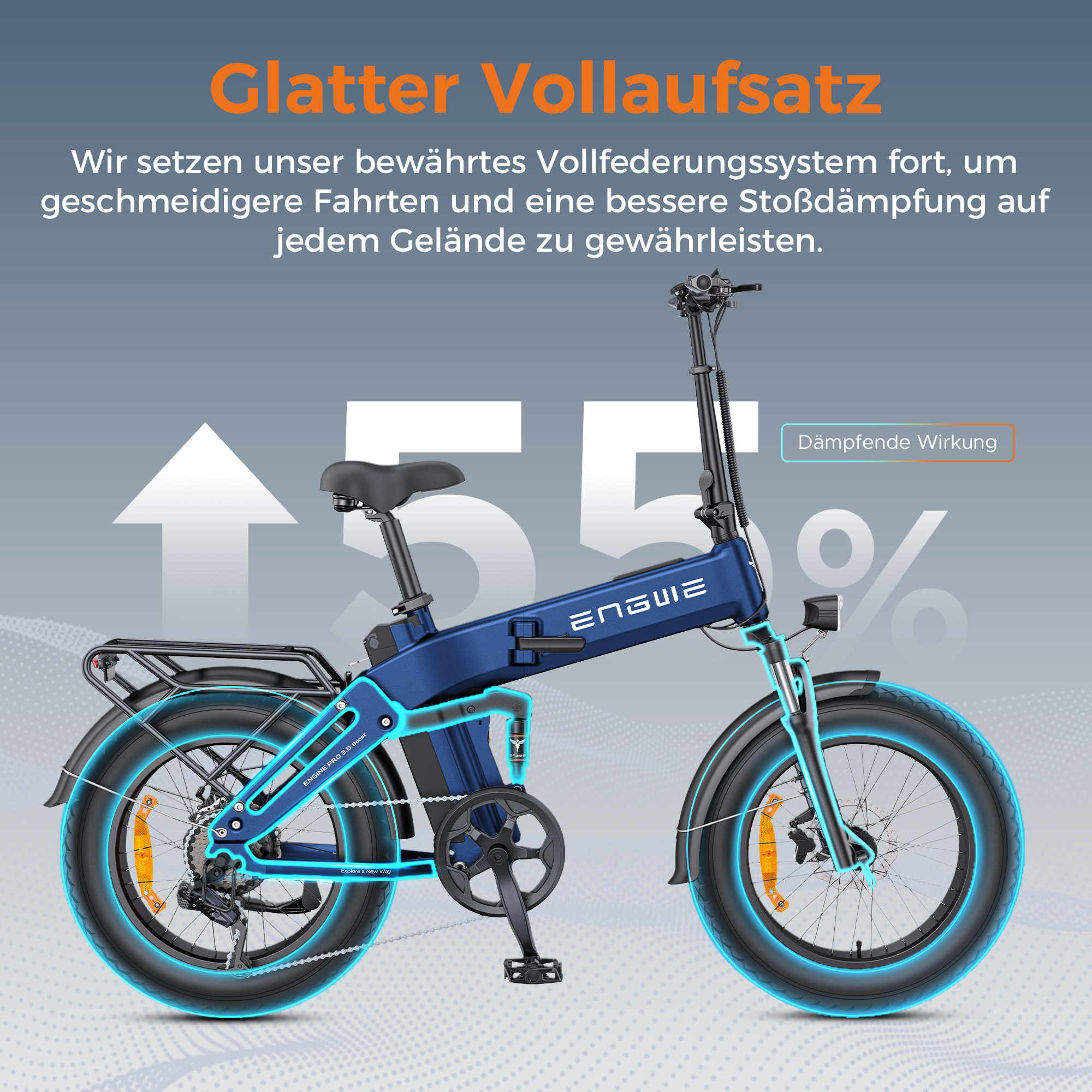 Ein blaues ENGUIE-Elektrofahrrad wird mit einem Pfeil nach oben und Text angezeigt, der sanfte Fahrten und bessere Stoßdämpfung betont.