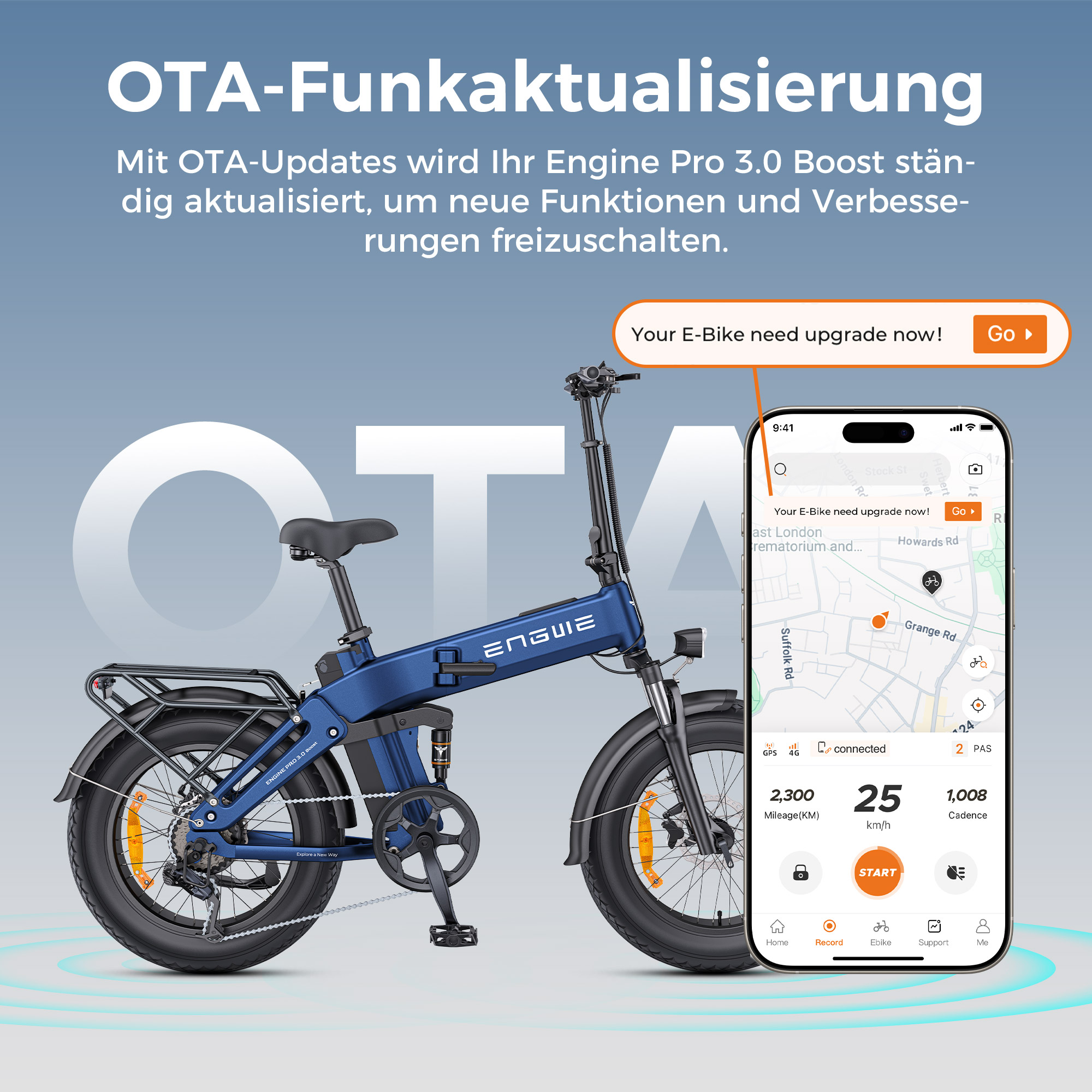 Blaues ENGWE E-Bike mit Telefon, das Geschwindigkeit und Karte anzeigt. Text: OTA-Funkaktualisierung.