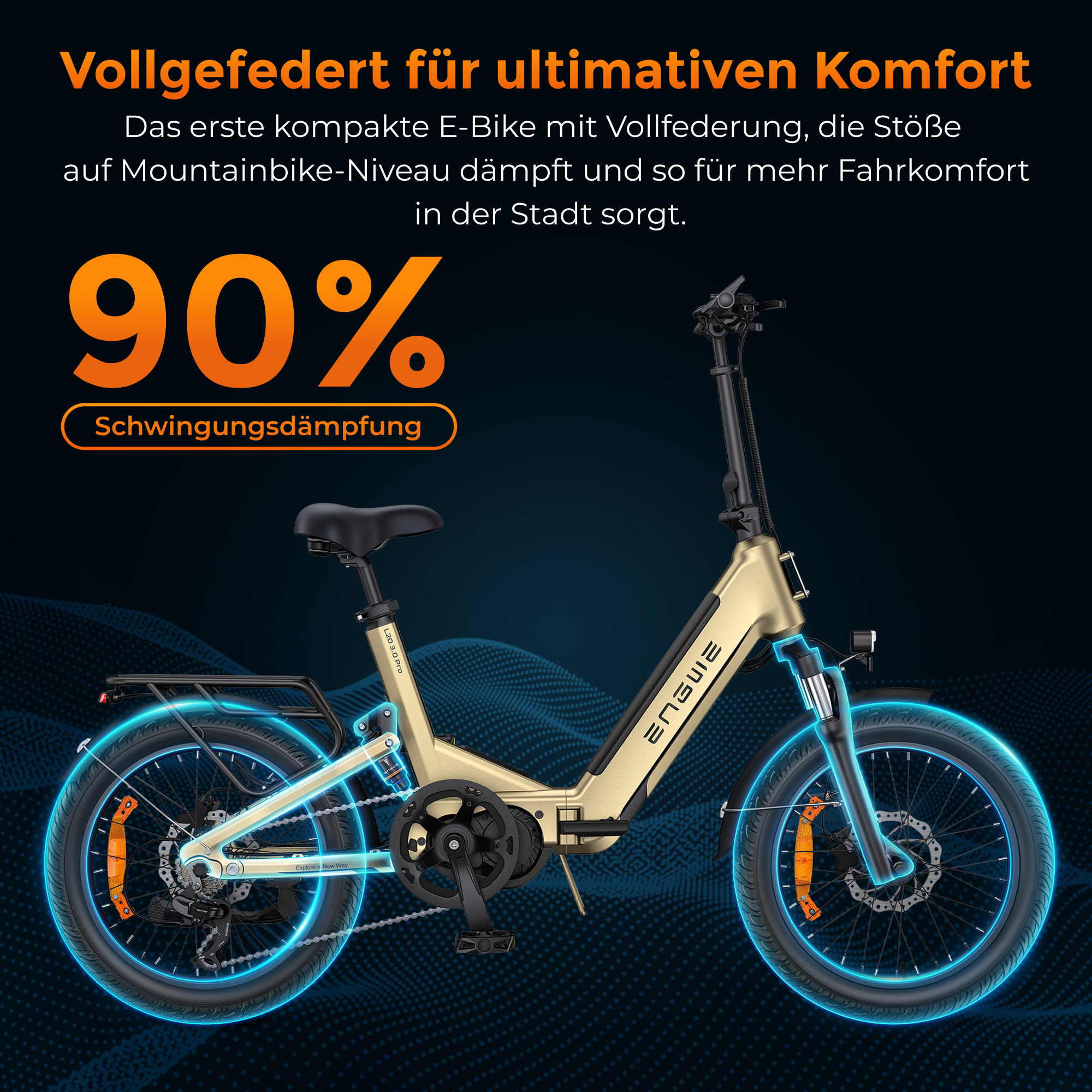 Viene visualizzata una e-bike con telaio dorato. Ha pneumatici neri, un sedile nero e catarifrangenti arancioni. Il testo dice '90% Schwingungsdämpfung'.