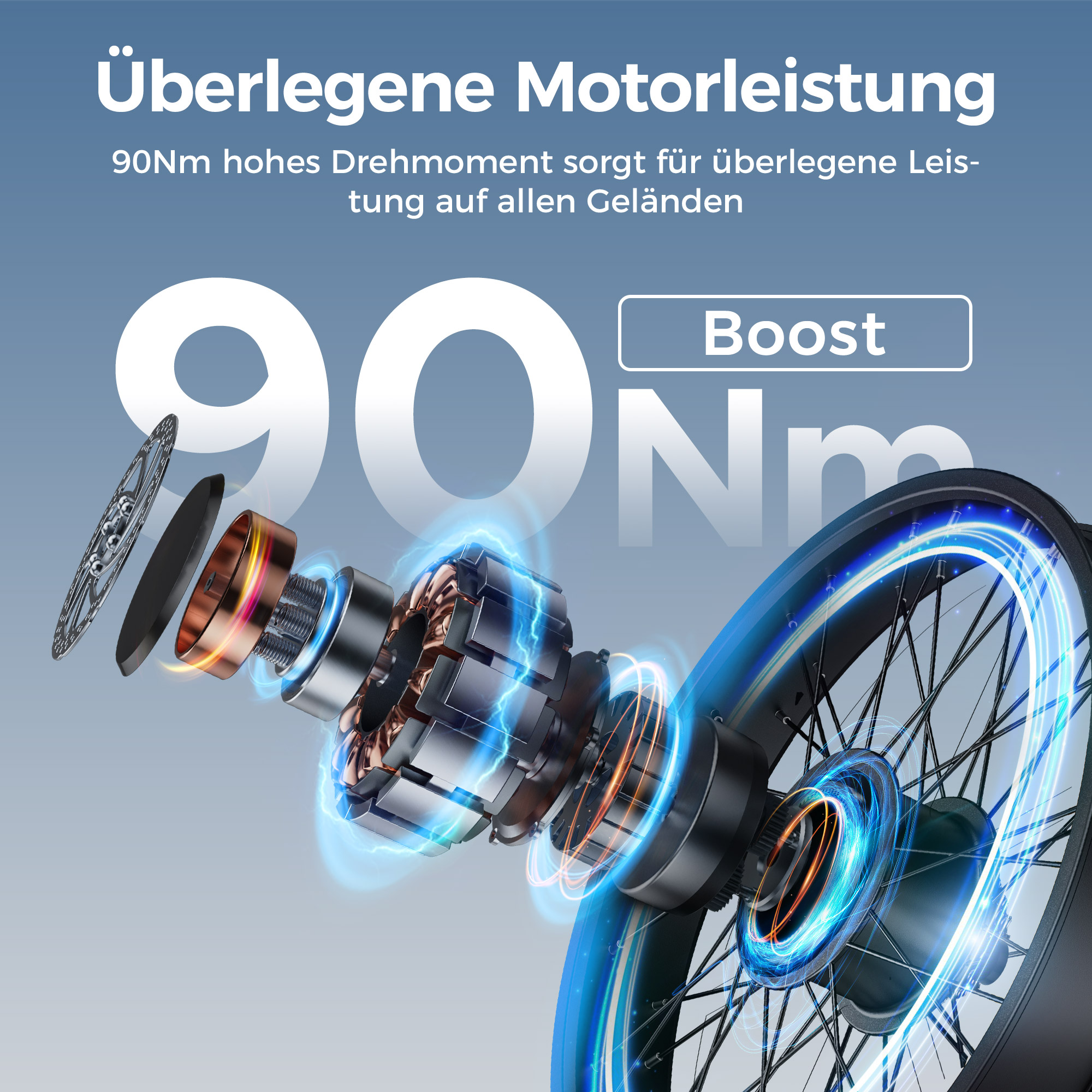 Explosionszeichnung eines E-Bike-Motors mit blauen Lichtern und dem Text 'Überlegene Motorleistung'.