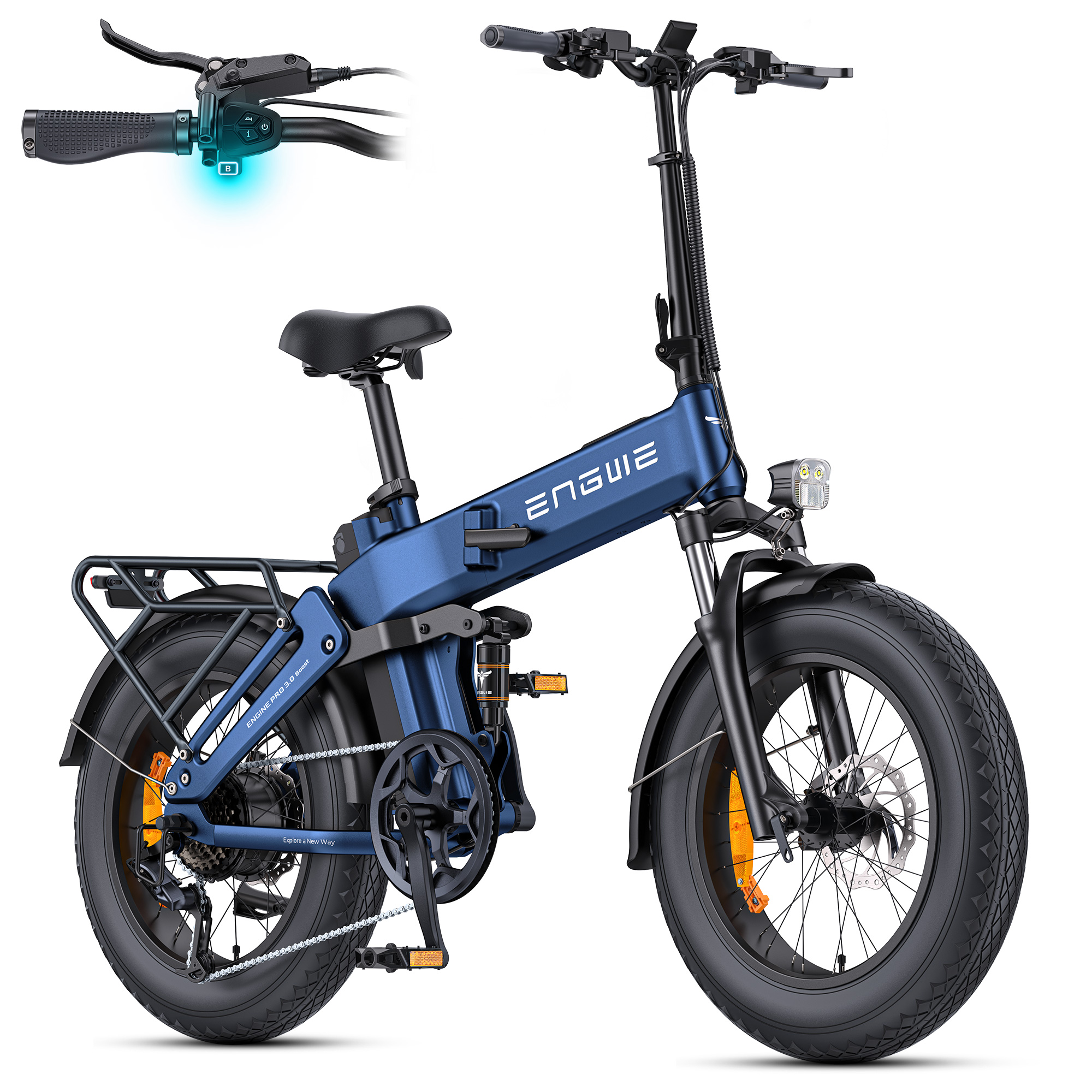 Blaues ENGWE Elektrofahrrad mit schwarzen Reifen und Komponenten. Verfügt über Lichter, einen Gepäckträger und ein Bedienfeld.